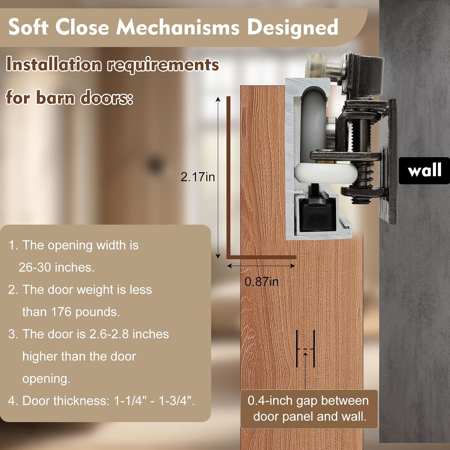 36" Concealed Sliding Barn Door Hardware Kit with Soft Close Mechanism for 28"-32" Passage Opening, Hidden Sliding Door Hardware, Floating Wall Mounted (NO Door) - Image 5