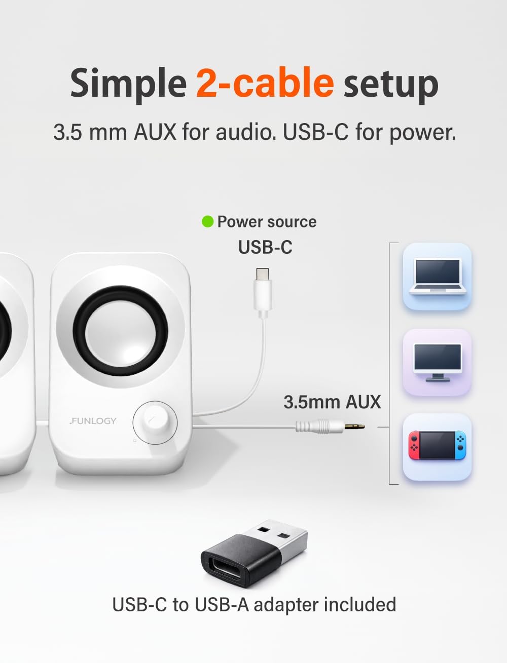 FUNLOGY Speaker Plus - 14W Stereo PC Speakers, Dual Amplifiers & DSP Tuned, USB-C Powered, 3.5mm AUX, Compact Desktop Speakers with 30° Tilt, for PC, Laptop, Monitor & Gaming,White - Image 6