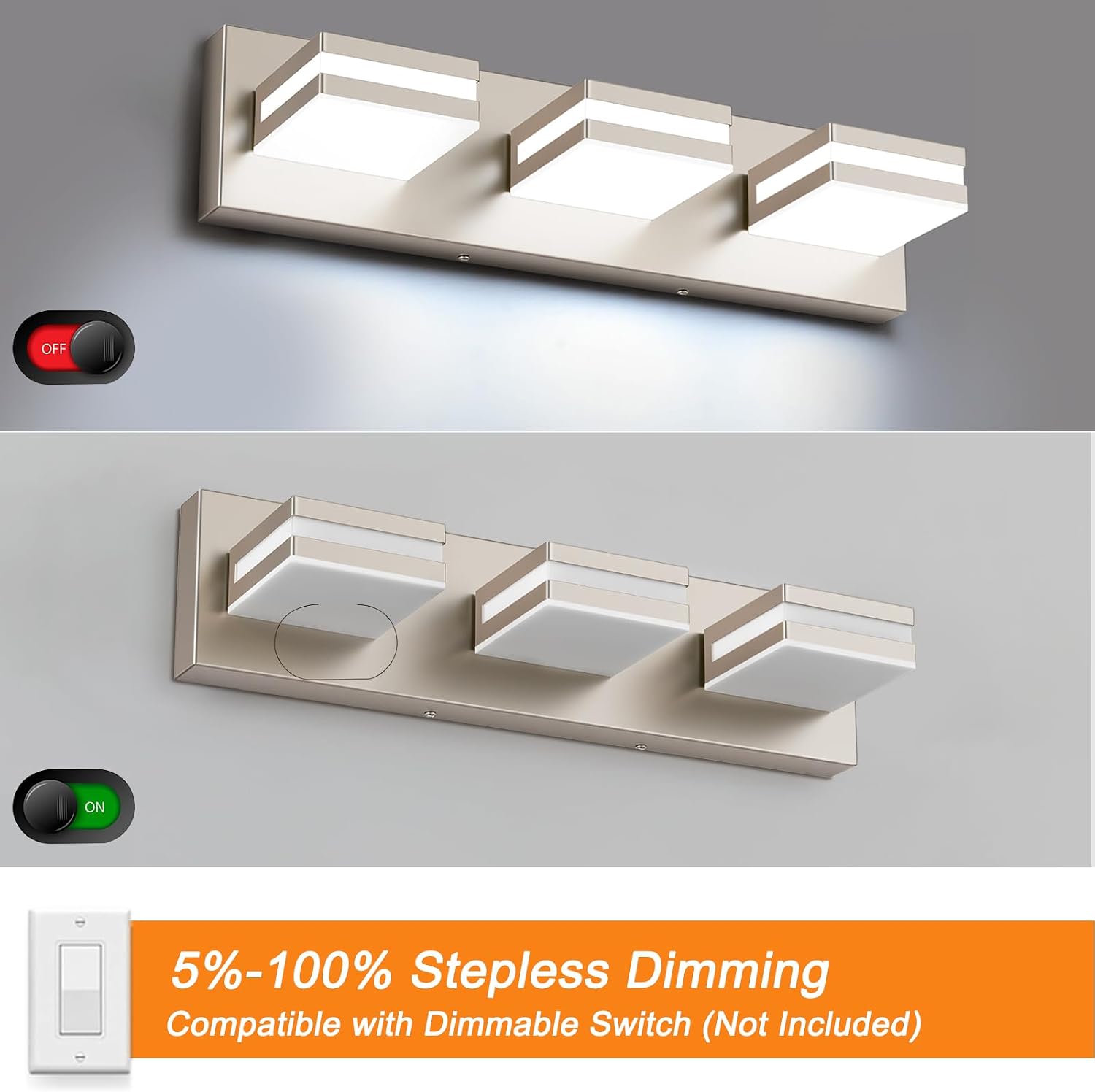 Bathroom Lights Fixtures Over Mirror, 360°Rotate Modern LED Vanity Lights for Bathroom, 24W Dimmable & High CRI Acrylic Wall Lighting, No Assembly Required (Brushed Nickel, 3-Light, 16 Inch) - Image 4