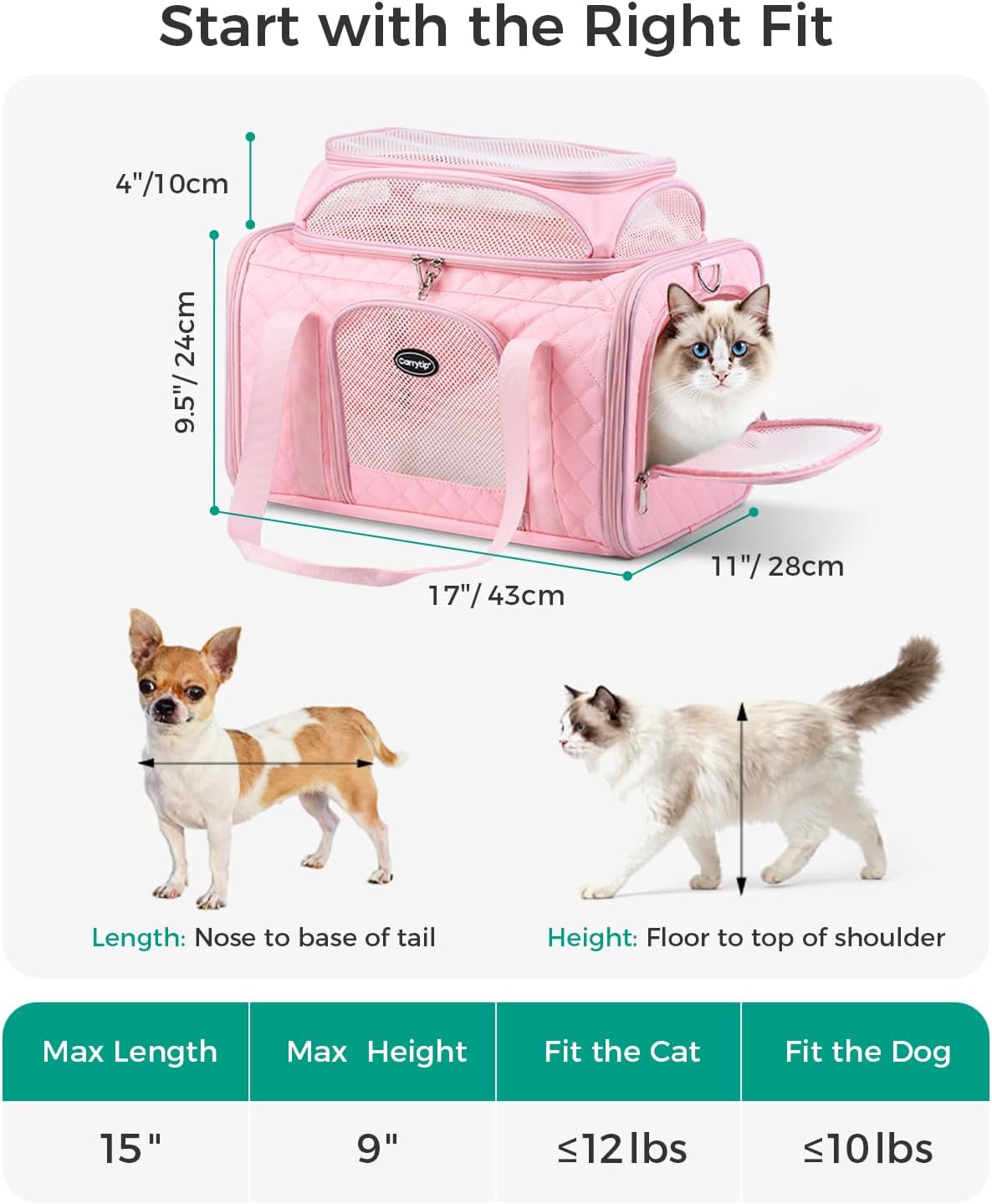 Airline Approved Cat Carrier with Expandable Top, 17x11x9.5 in, Pink - Image 2