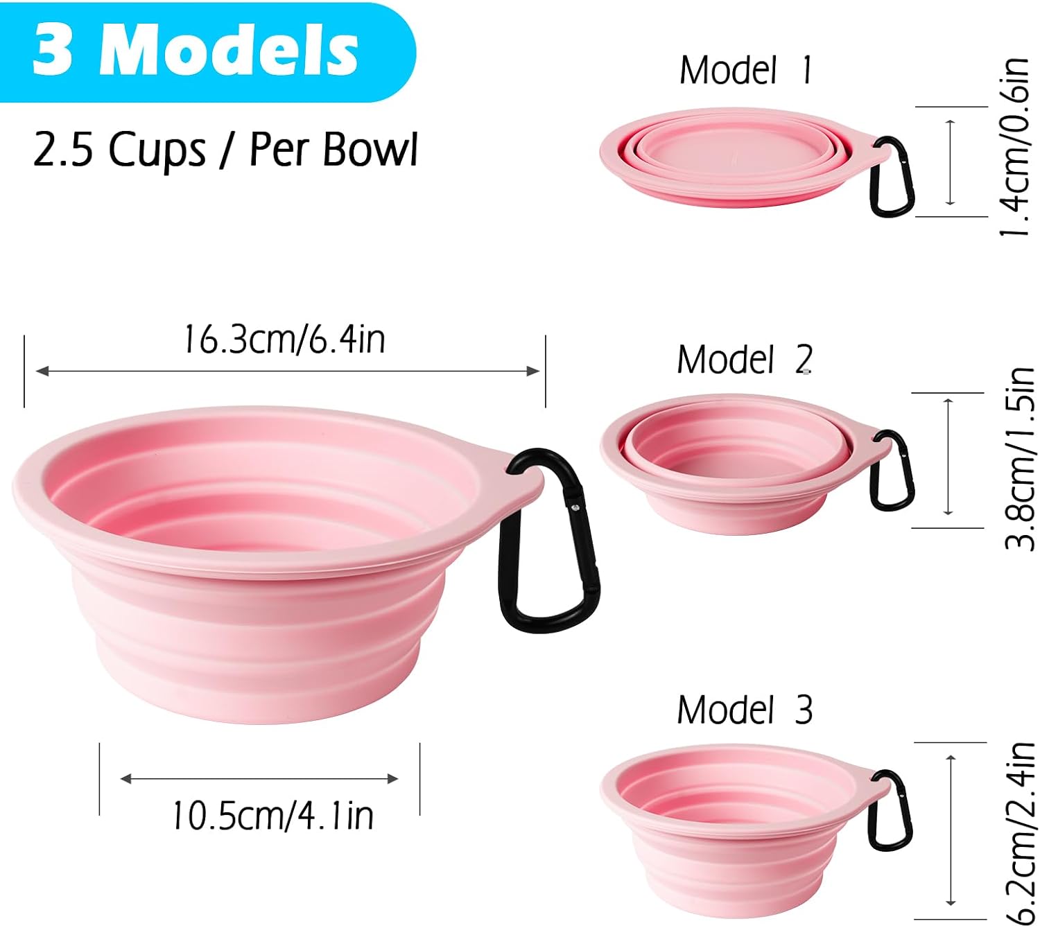 PetBonus 2-Pack Silicone Collapsible Dog Bowls, BPA Free Dishwasher Safe, Portable Foldable Expandable Travel Bowl, Food Water Feeding Cup Dish for Dogs Cats with 2 Carabiners (Grey, Chalk Pink) - Image 3