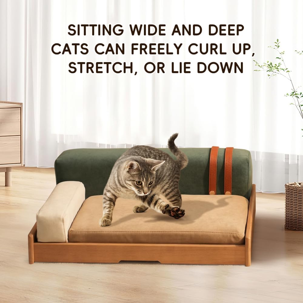 Luxury Wooden Cat Bed Sofa, Modern Solid Wood Cat Couch with Scratch-Resistant Chenille, Orthopedic Foam Cushion, Washable Removable Cover, Non-Slip Base, Designer Cat Furniture Indoor - Image 4