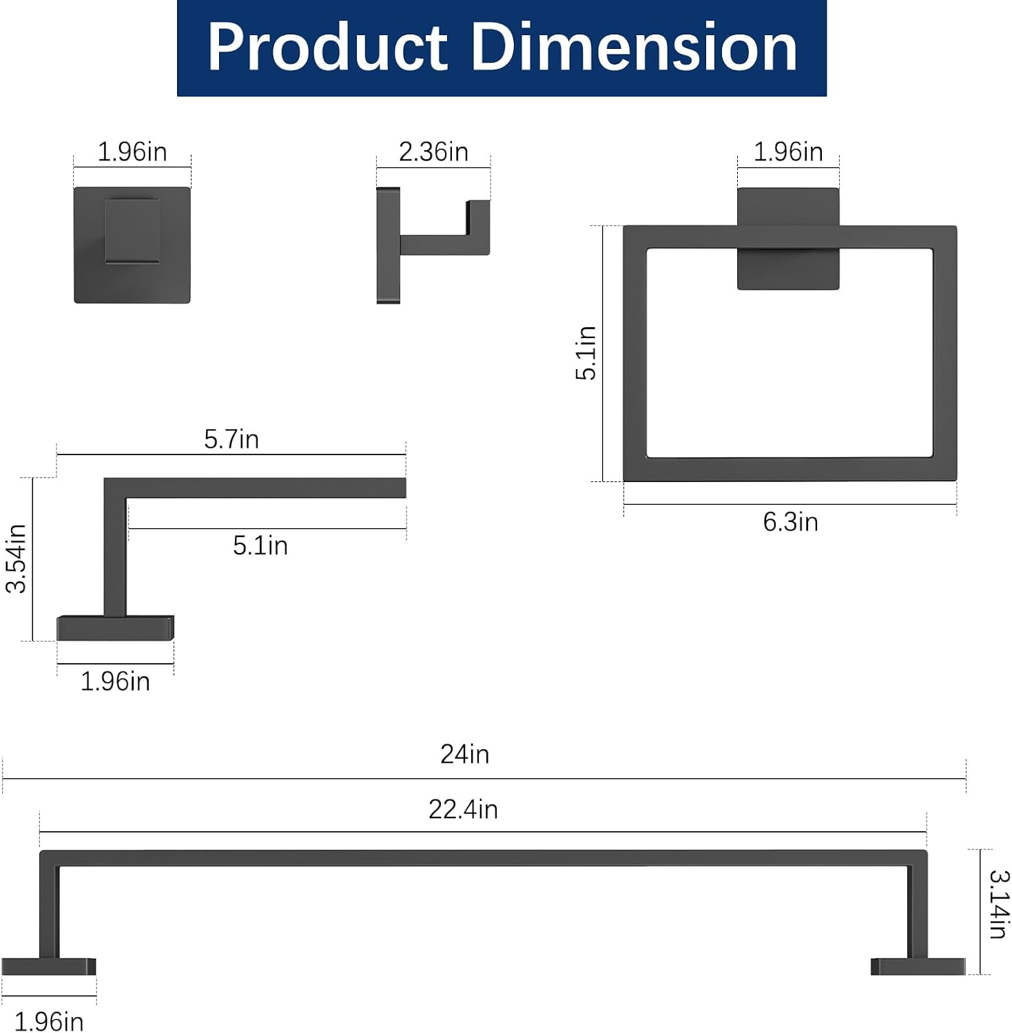 Gypie Bathroom Accessories Set Wall Mounted, 5-Piece 24In Matte Black - Image 5