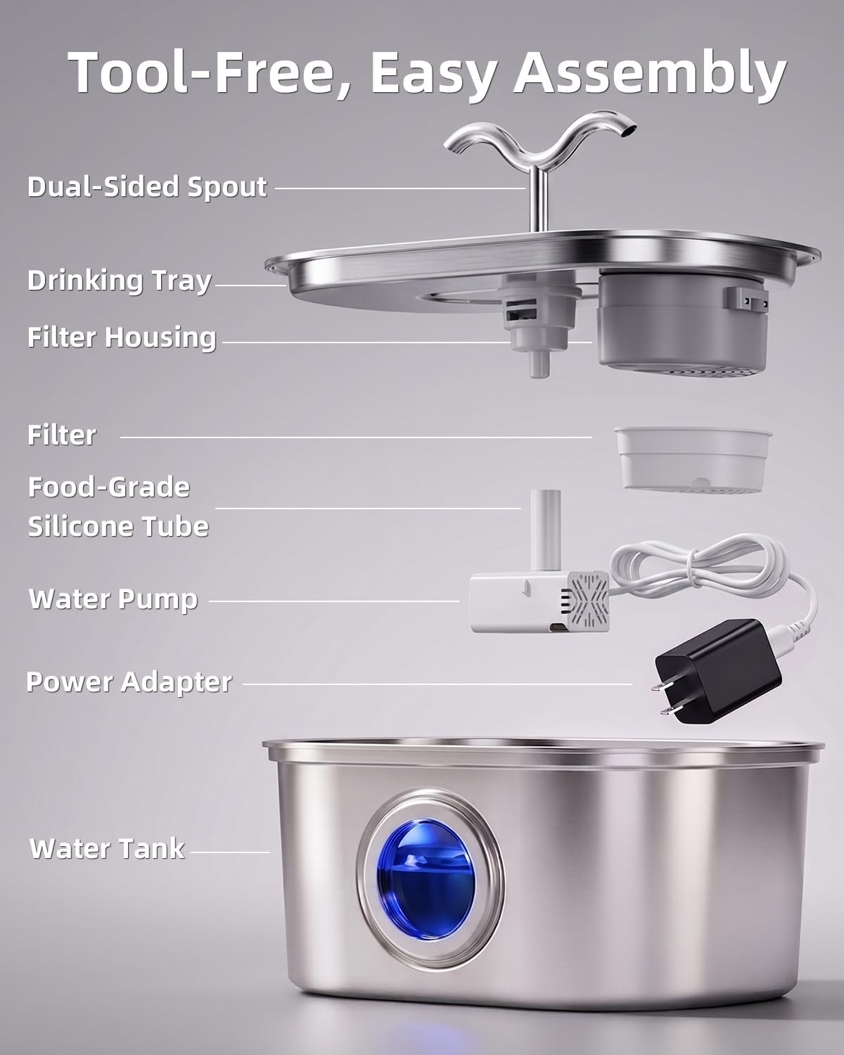 3.2L/108oz Stainless Steel Cat Water Fountain Pet Fountain - Image 7