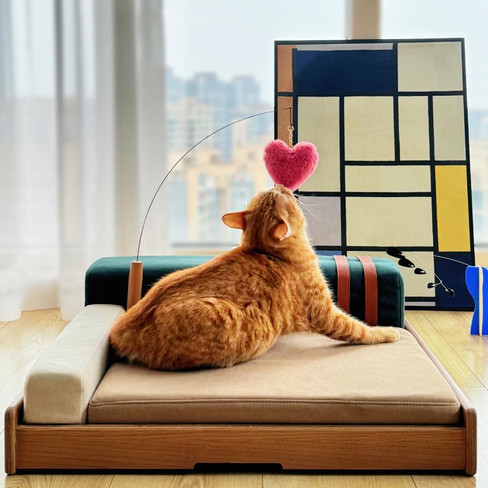 Luxury Wooden Cat Bed Sofa, Modern Solid Wood Cat Couch with Scratch-Resistant Chenille, Orthopedic Foam Cushion, Washable Removable Cover, Non-Slip Base, Designer Cat Furniture Indoor - Image 2