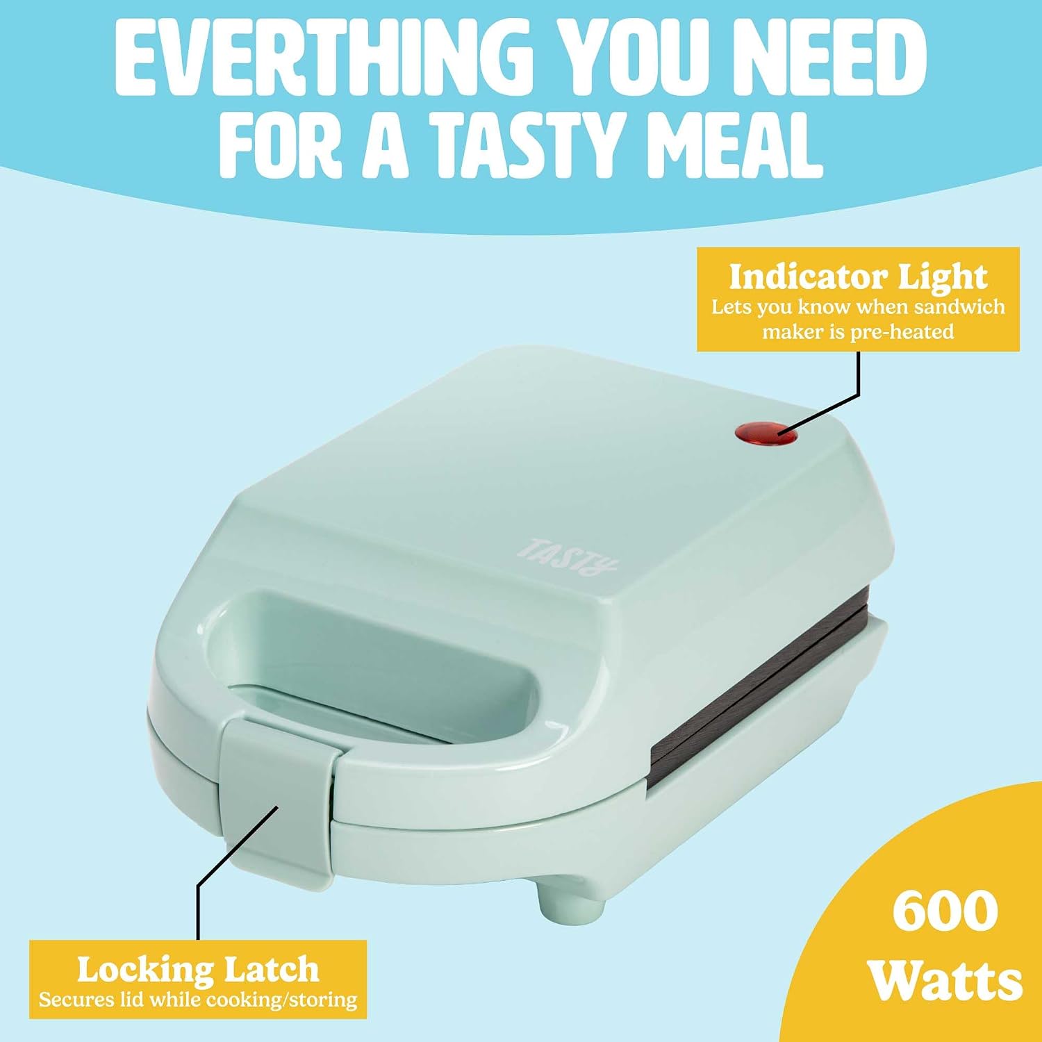 Tasty Mini Sandwich Maker, Makes Sandwiches, Paninis, Grilled Cheese, Desserts, Quick Results, Easy Cleanup, 600W, Aqua - Image 5