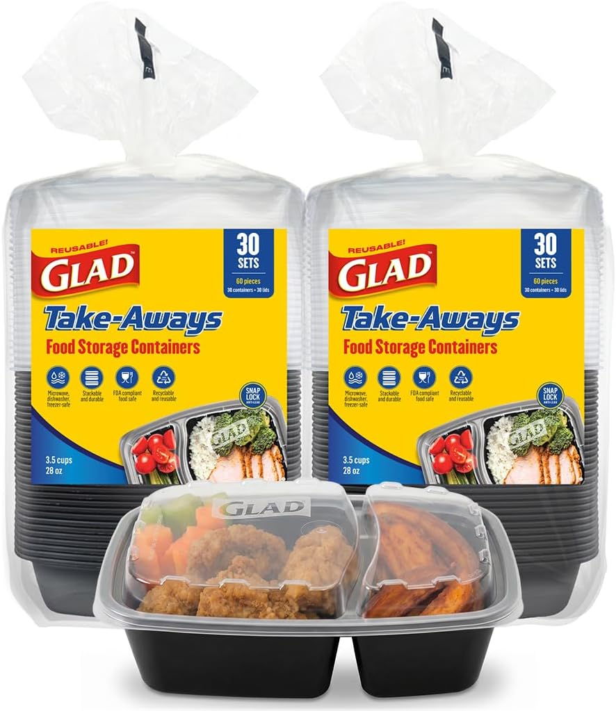 Glad Take-Aways 60-Pack Snap-Seal, 2-Compartment, Dishwasher and Freezer Safe, Reusable Food Storage, Meal Prep Containers, Made in North America (28 oz, BPA Free)