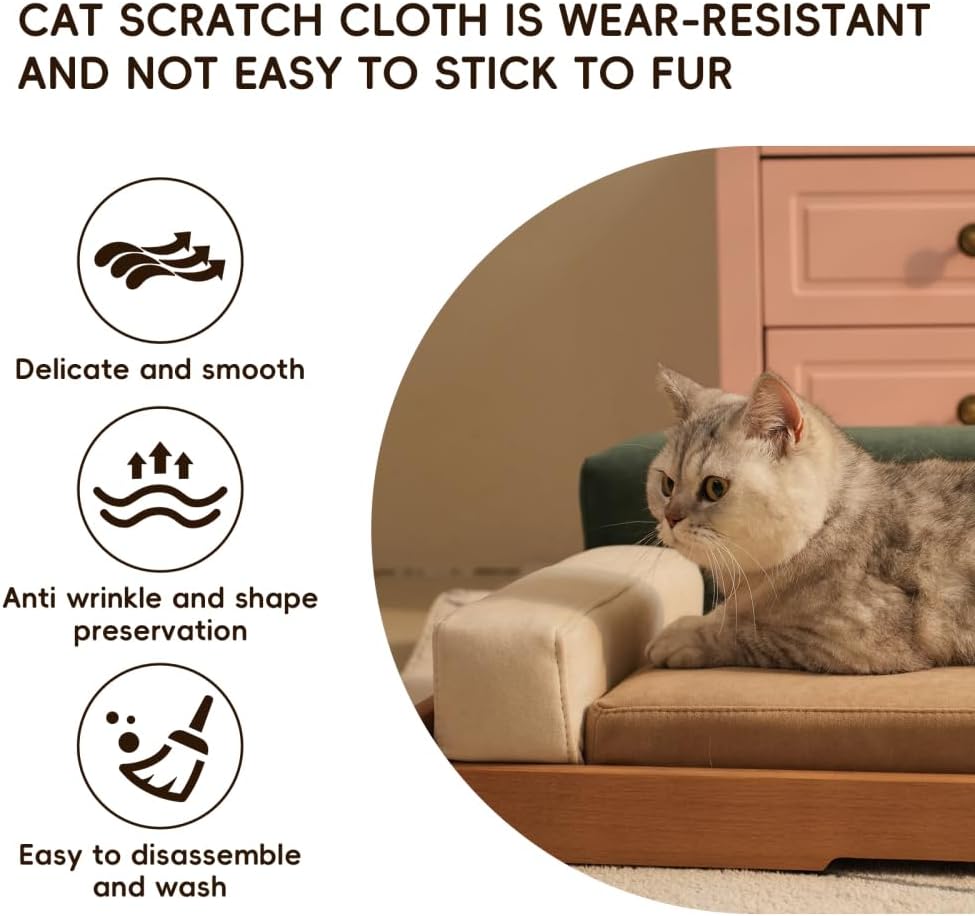 Luxury Wooden Cat Bed Sofa, Modern Solid Wood Cat Couch with Scratch-Resistant Chenille, Orthopedic Foam Cushion, Washable Removable Cover, Non-Slip Base, Designer Cat Furniture Indoor - Image 5