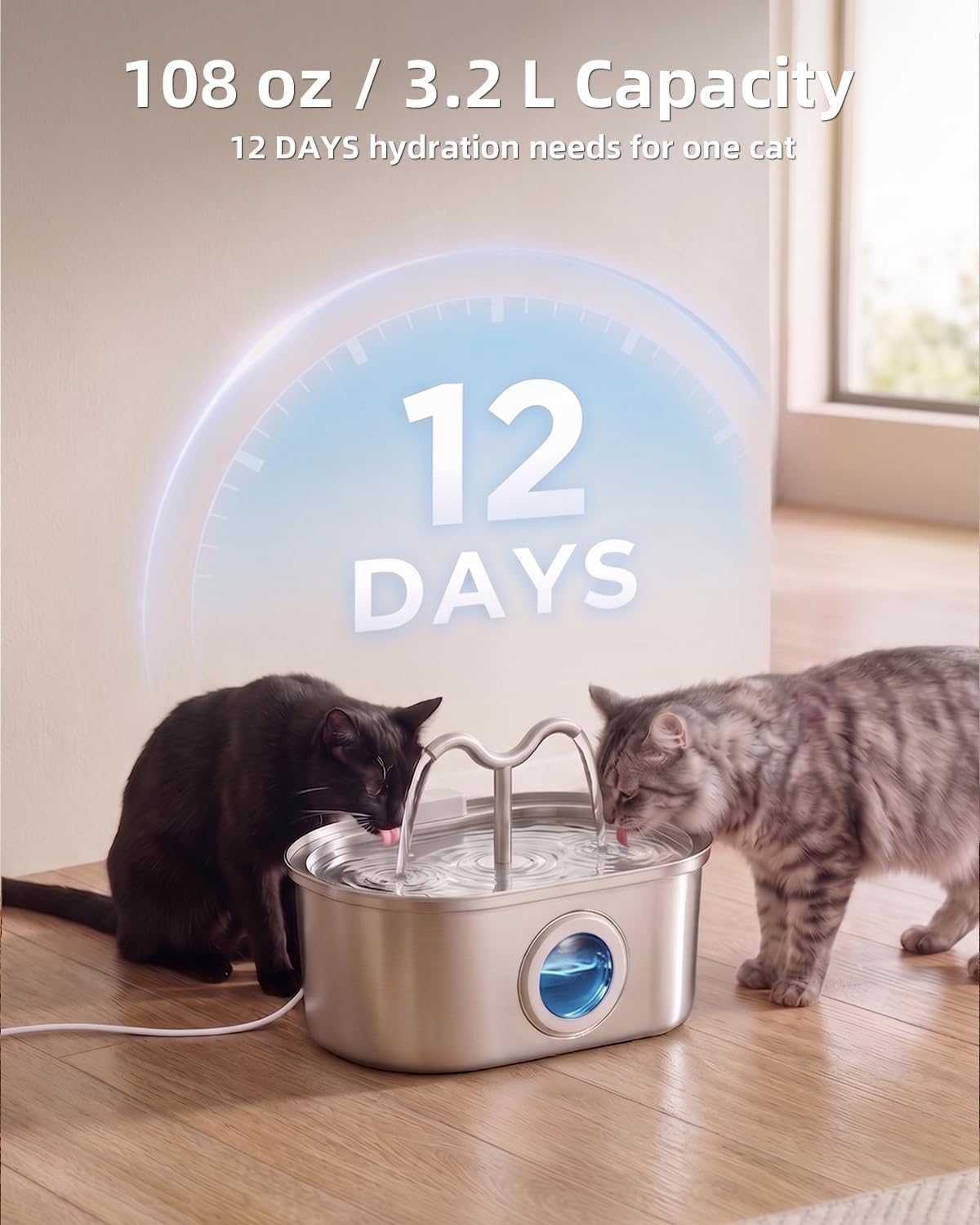 3.2L/108oz Stainless Steel Cat Water Fountain Pet Fountain - Image 5
