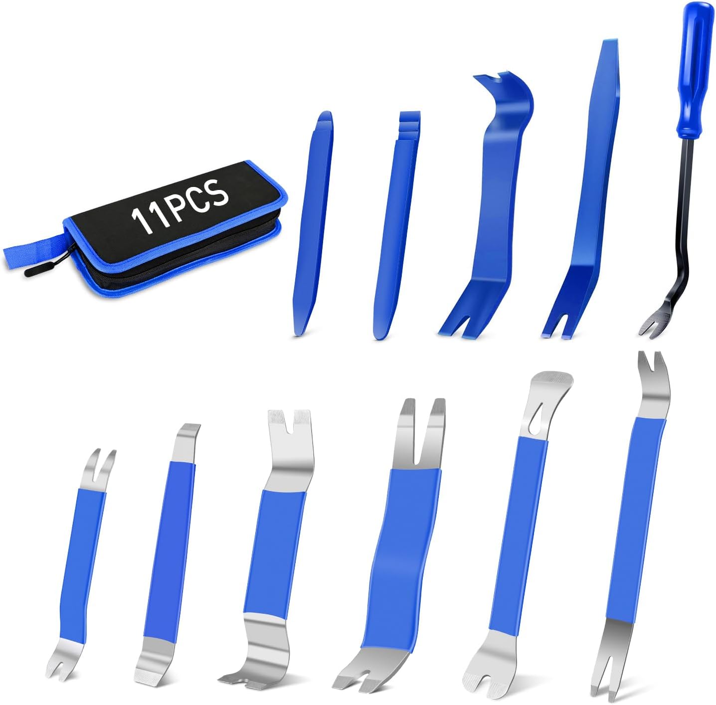 GOOACC 11PCS Trim Removal Tool Kit, Metal & Nylon Pry Tools Set for Car Door Panel, Dashboard, Audio, Clips, Fastener Remover w/Storage Box – Blue