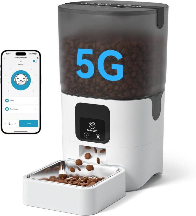 PAPIFEED Automatic Cat Feeder with App, 5G WiFi Cat Food Dispenser, 6L Timed Cat Feeder for Dry Food, 10 Meals/Day, 12 Portions/Meal, Dual Power Supply Smart Pet Feeder for Small Dog, White