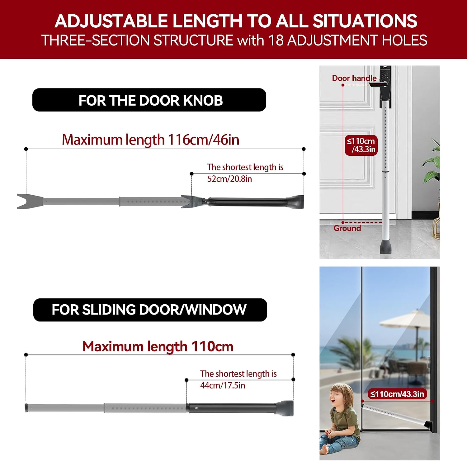 AceMining Door Security Bar, Patio Door Lock, 20-50 in - Image 3