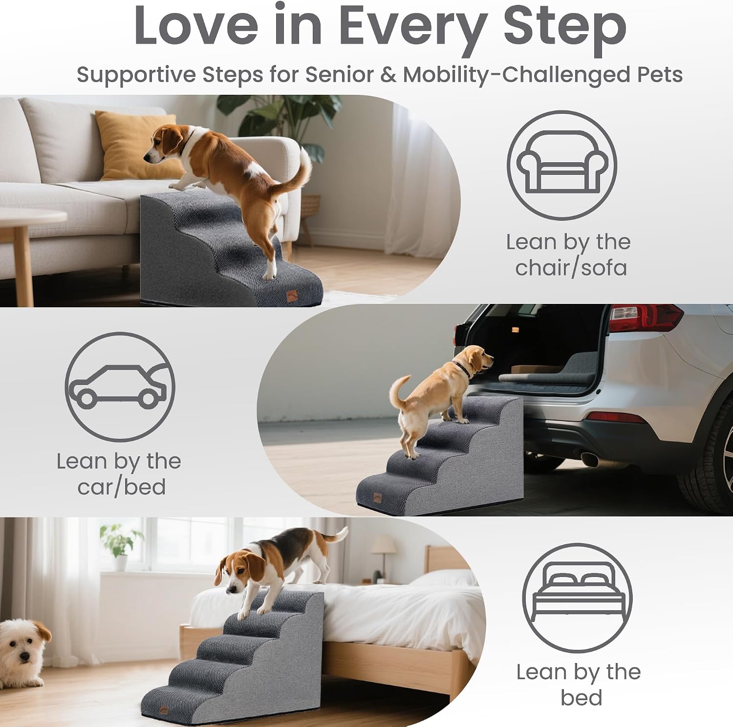GoGoBunny Dog Stairs for Small Dogs, 3-Step Pet Steps for Couch Sofa, Grey - Image 8