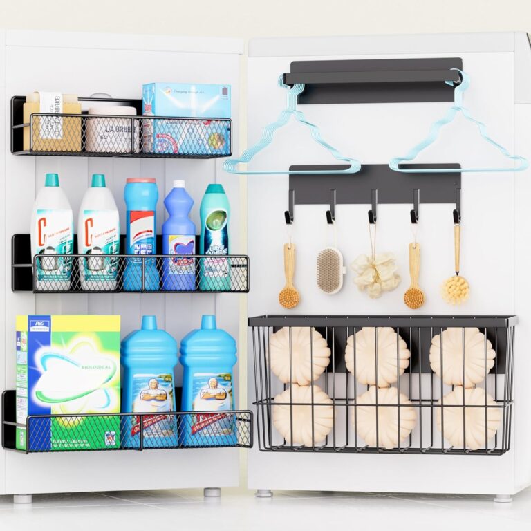 6 Pack Magnetic Shelves for Washing Machine, Magnetic Spice Rack Organizer for Refrigerator, Magnetic Shelf with Hanger Organizer, Metal Magnetic Basket, Laundry Organization and Storage, Black