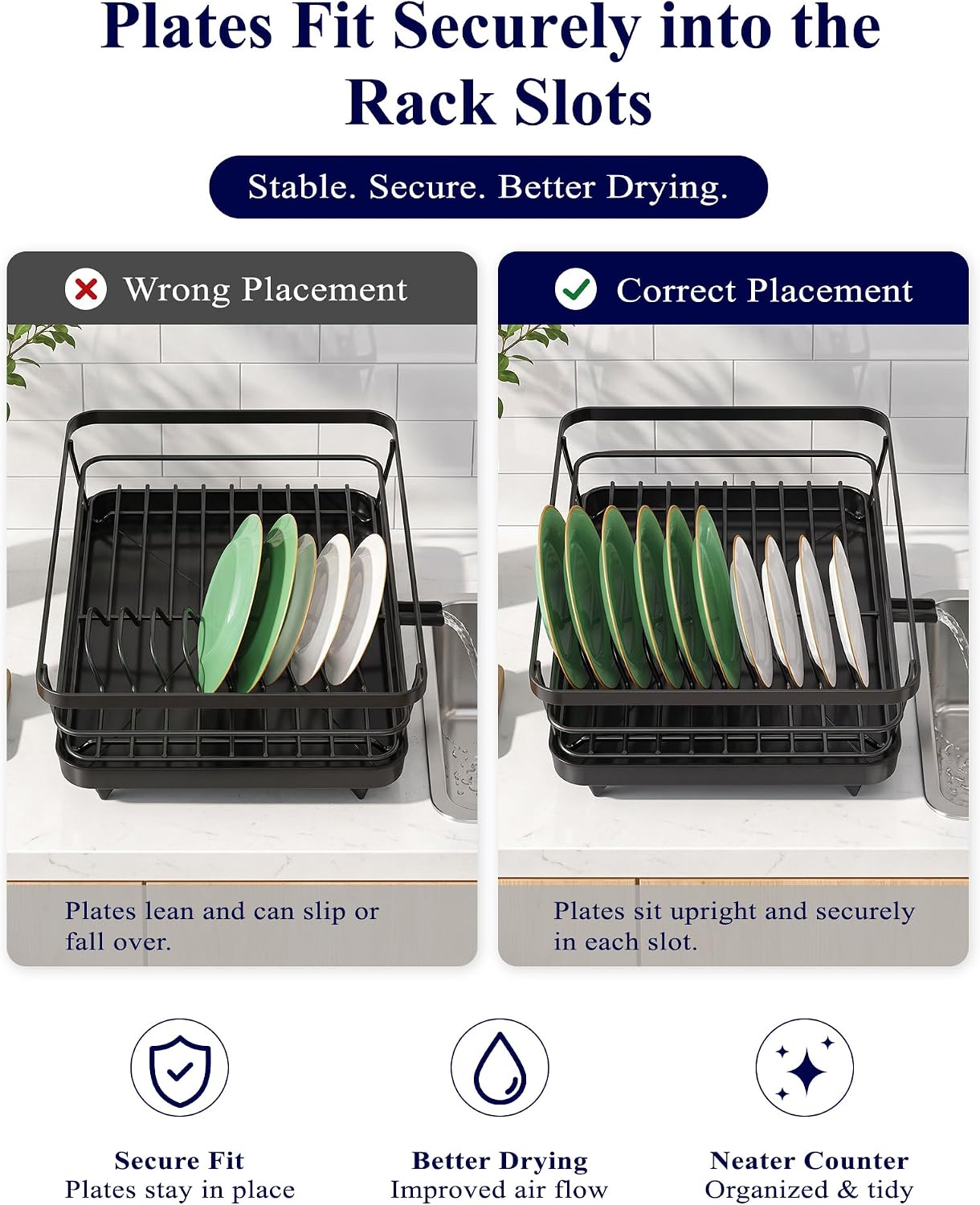 Kitsure Dish Drying Rack for Kitchen Counter, 12''W x 15.5''L, Black - Image 7