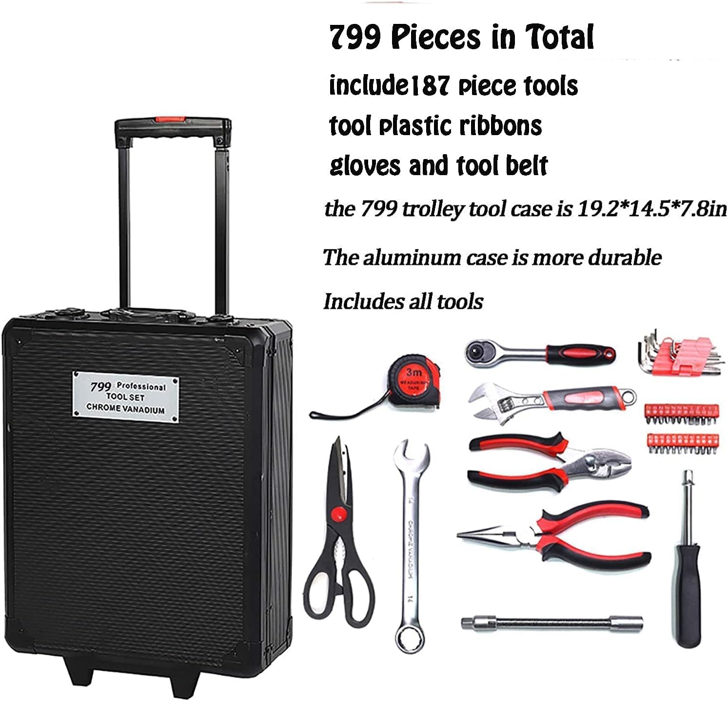 Arcwares 799pcs Aluminum Trolley Case Tool Set Silver, House Repair Kit Set, Household Hand Tool Set, with Tool Belt,Gift on Father's Day (Black) - Image 3
