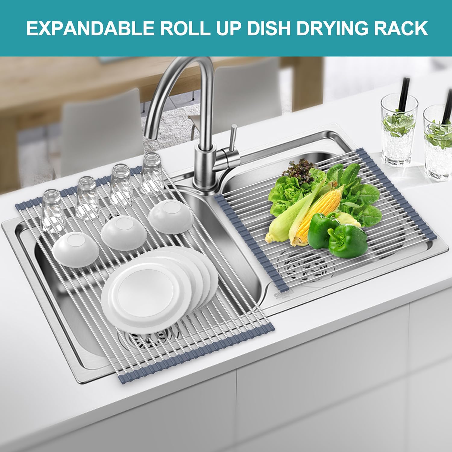 BBXTYLY Extra Large Expandable Roll Up Dish Drying Rack,Over The Sink Drying Rack Sink Cover Kitchen Sink Accessories Kitchen Rolling up Stainless Steel Drainer, Foldable,Rollable(Gray,22.8'-17.3'') - Image 3