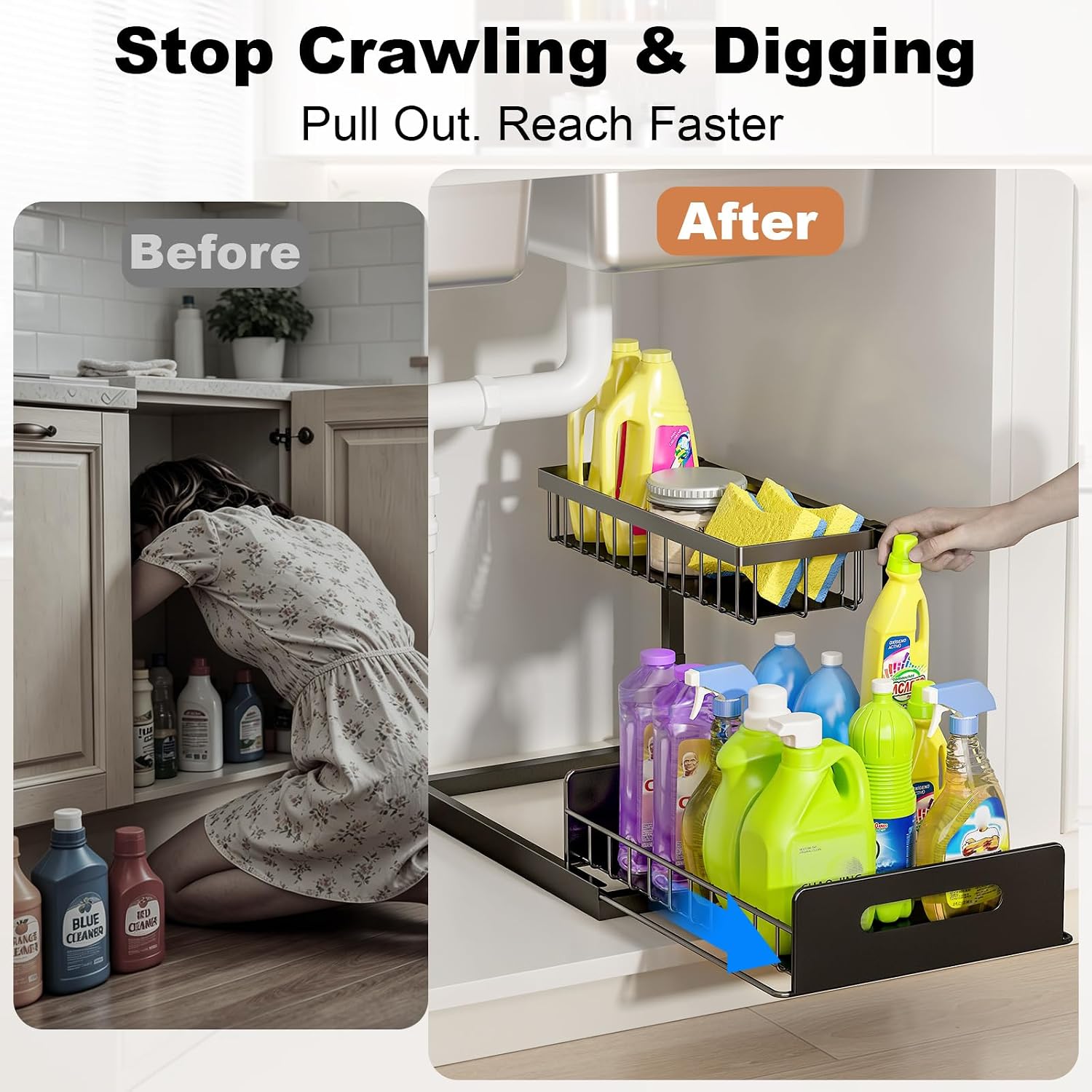 REALINN Under Sink Organizer, L-Shaped 2 Tier Pull Out Cabinet Organizer - Image 4
