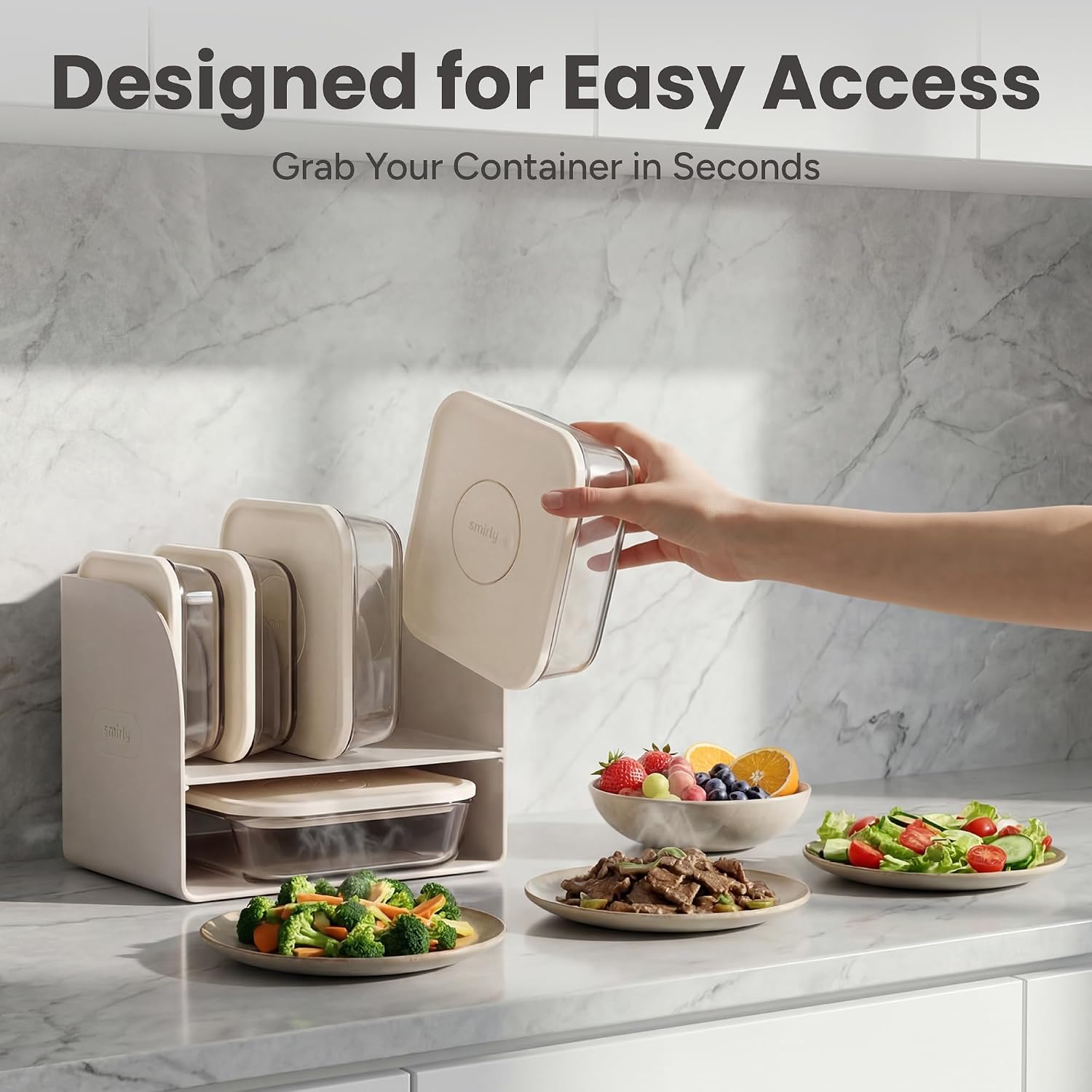 SMIRLY Glass Food Storage Containers with Lids & Organizer, 5-Pack, Cream - Image 7