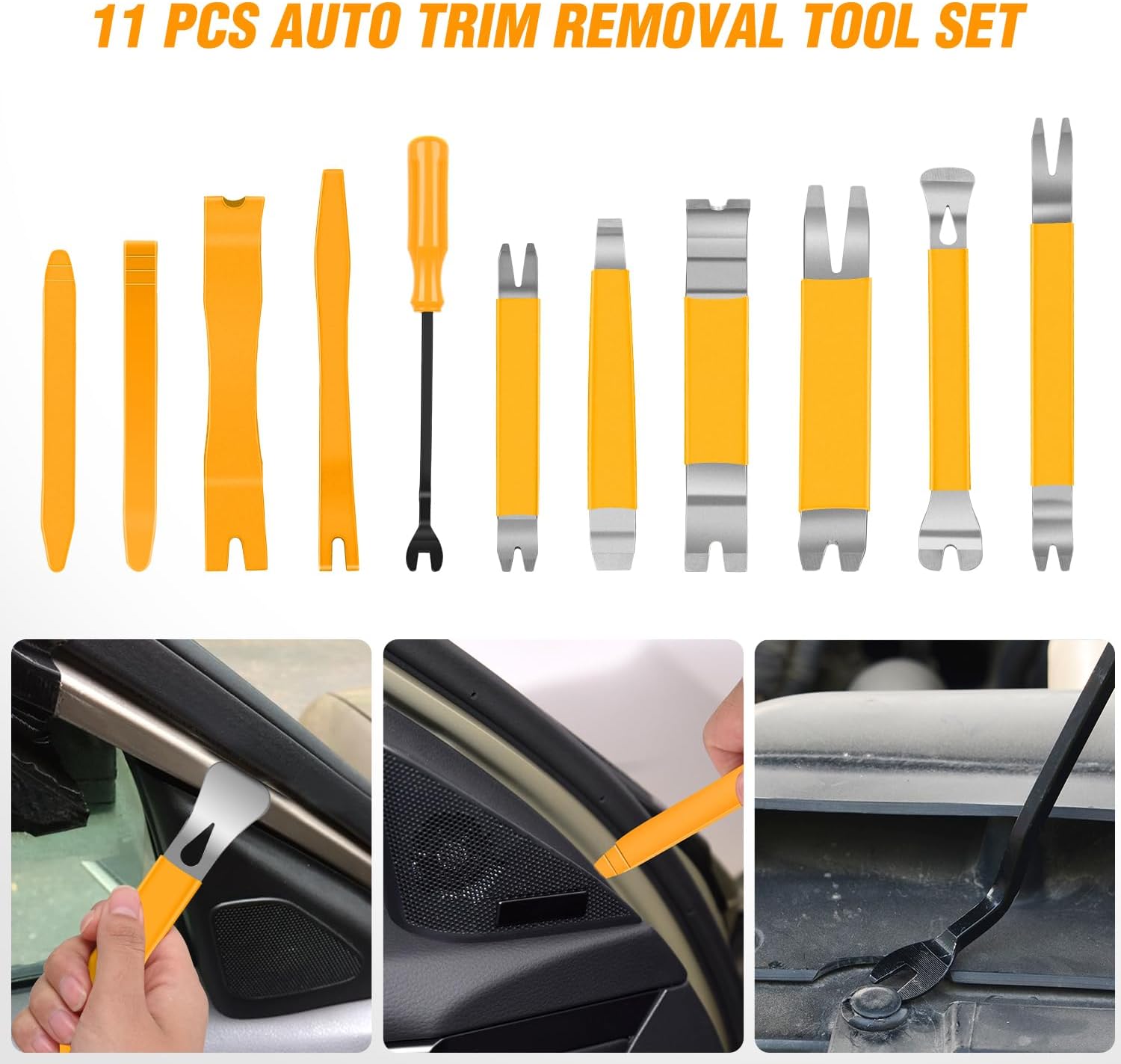 GOOACC 11PCS Trim Removal Tool Kit, Metal & Nylon Pry Tools Set for Car Door Panel, Dashboard, Audio, Clips, Fastener Remover w/Storage Box – Yellow - Image 9
