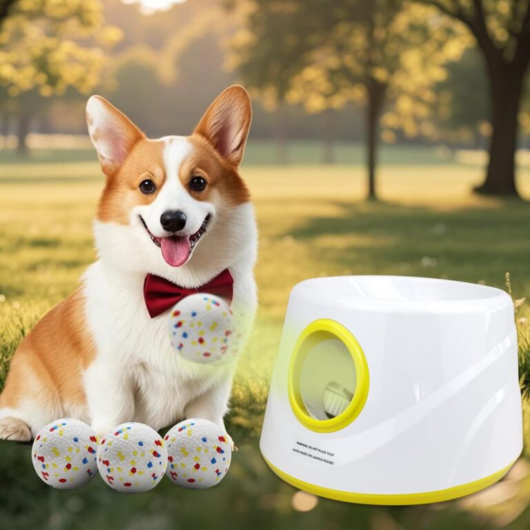 MEKAPLE Automatic Dog Ball Launcher, Upgraded Interactive Dogs Balls Thrower for Small and Medium Dogs, Distance Adjustable Mental Stimulating Dog Toys with 4 Durable Etpu Balls 2.2 Inch (Yellow)