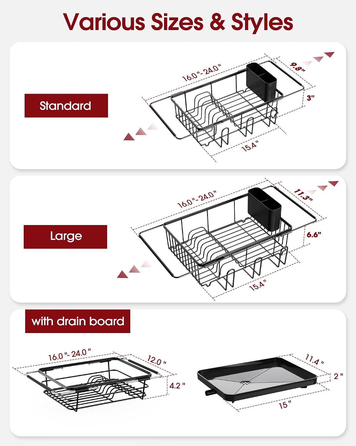 Sakugi Dish Drying Rack in Sink - Expandable Stainless Steel Dish Rack Over the Sink, Kitchen Sink Drain Strainer with Cutlery Holder & Cup Holders, 15.4 x 9.8 x 3.0 Inch, Black - Image 8