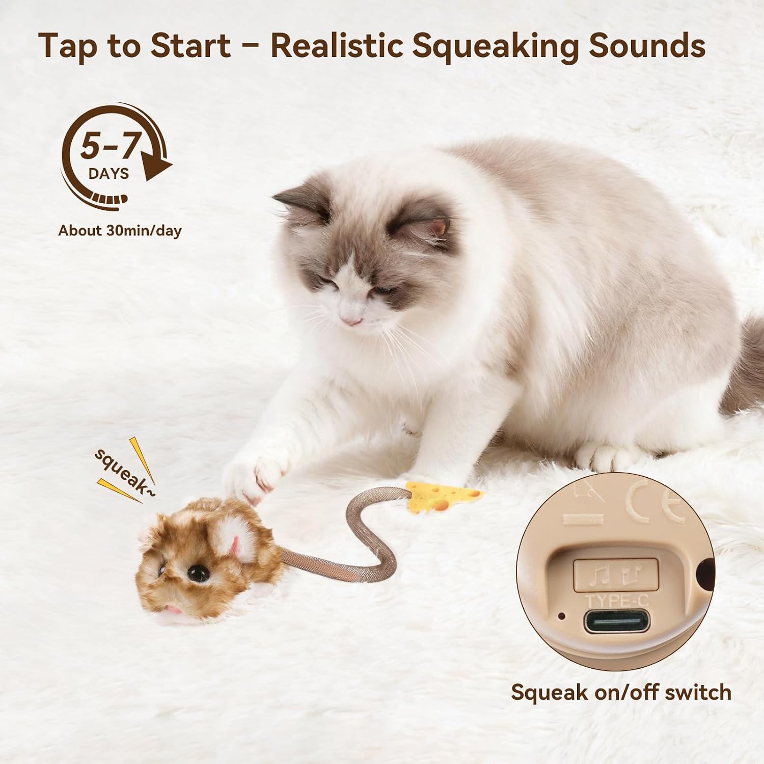 Migipaws Interactive MigiMouse Cat Toy 360° Rolling & Spin with Mesh Plastic Tail for Indoor Cats Smart Motion Sensor, Realistic Squeak, Rechargeable Plush Kitten Toy(Brown Long) - Image 3