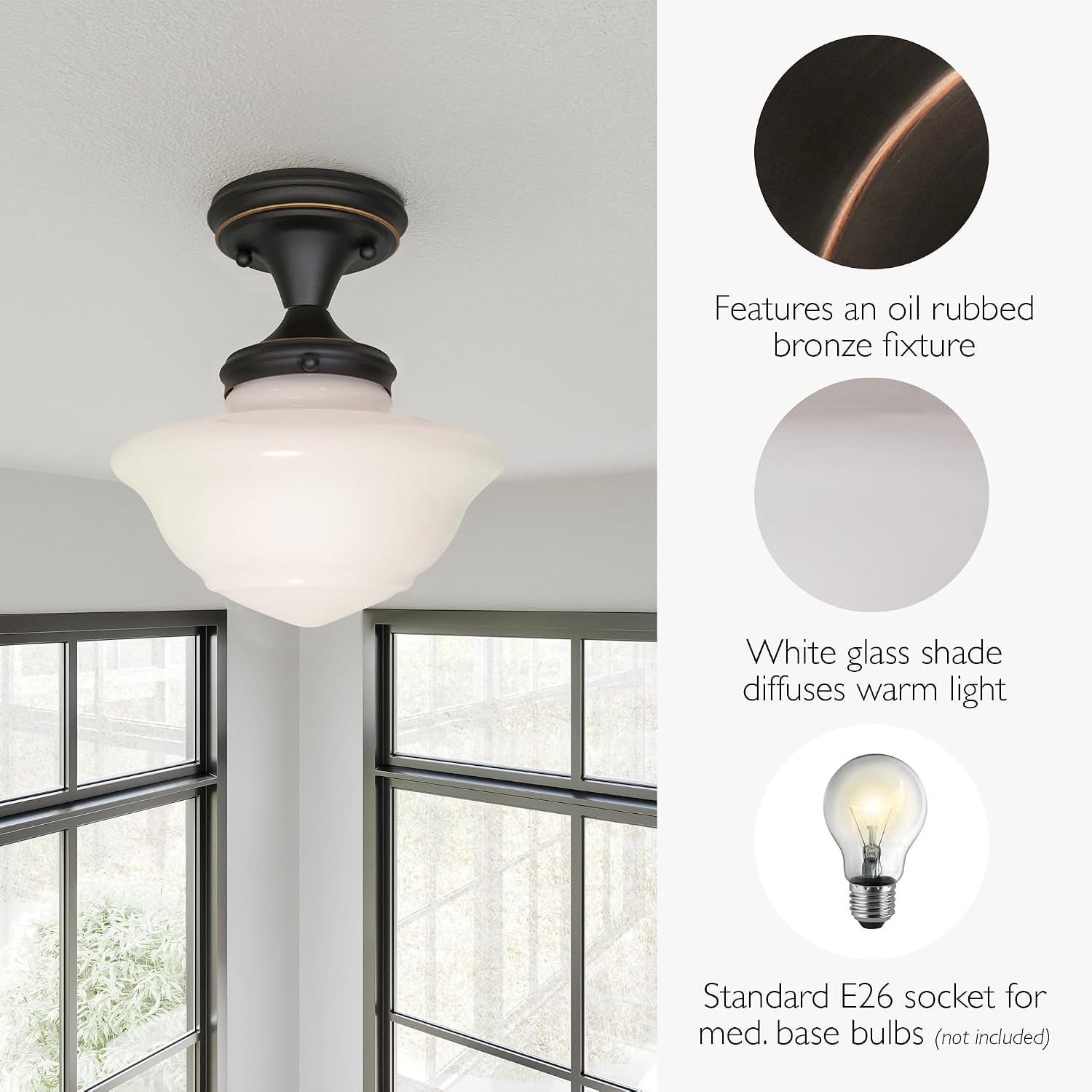 Design House Vintage-Inspired Schoolhouse Semi-Flush Mount Ceiling Light, 9 in x 9 in x 10 in, Oil-Rubbed Bronze, White Glass Shade, 507502 - Image 3