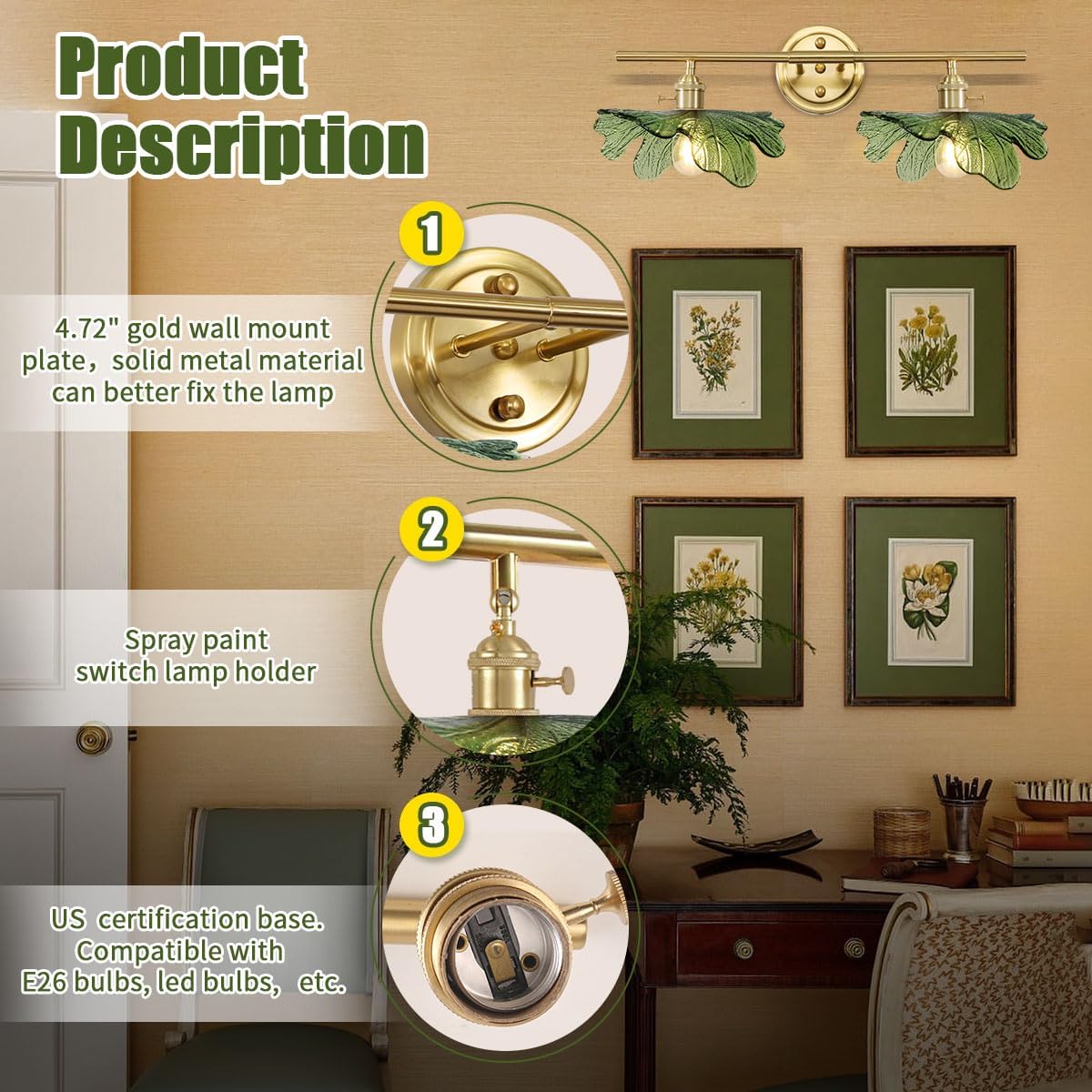 Green Bathroom Lighting Fixtures Over Mirror, Vintage Wall Sconces with Glass Shade Flower Vanity Lights Mid Century Wall Sconce Light Gold Wall Lighting for Bedroom Living Room Hallway - Image 6