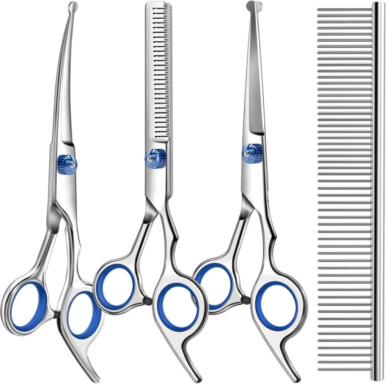 Professional 4 in 1 Dog & Cat Grooming Scissors Kit with Safety Round Tips,Sharp & Durable,Dog Shears for Grooming - Includes Straight, Curved, Thinning Scissors and Comb - Premium Pet Supplies