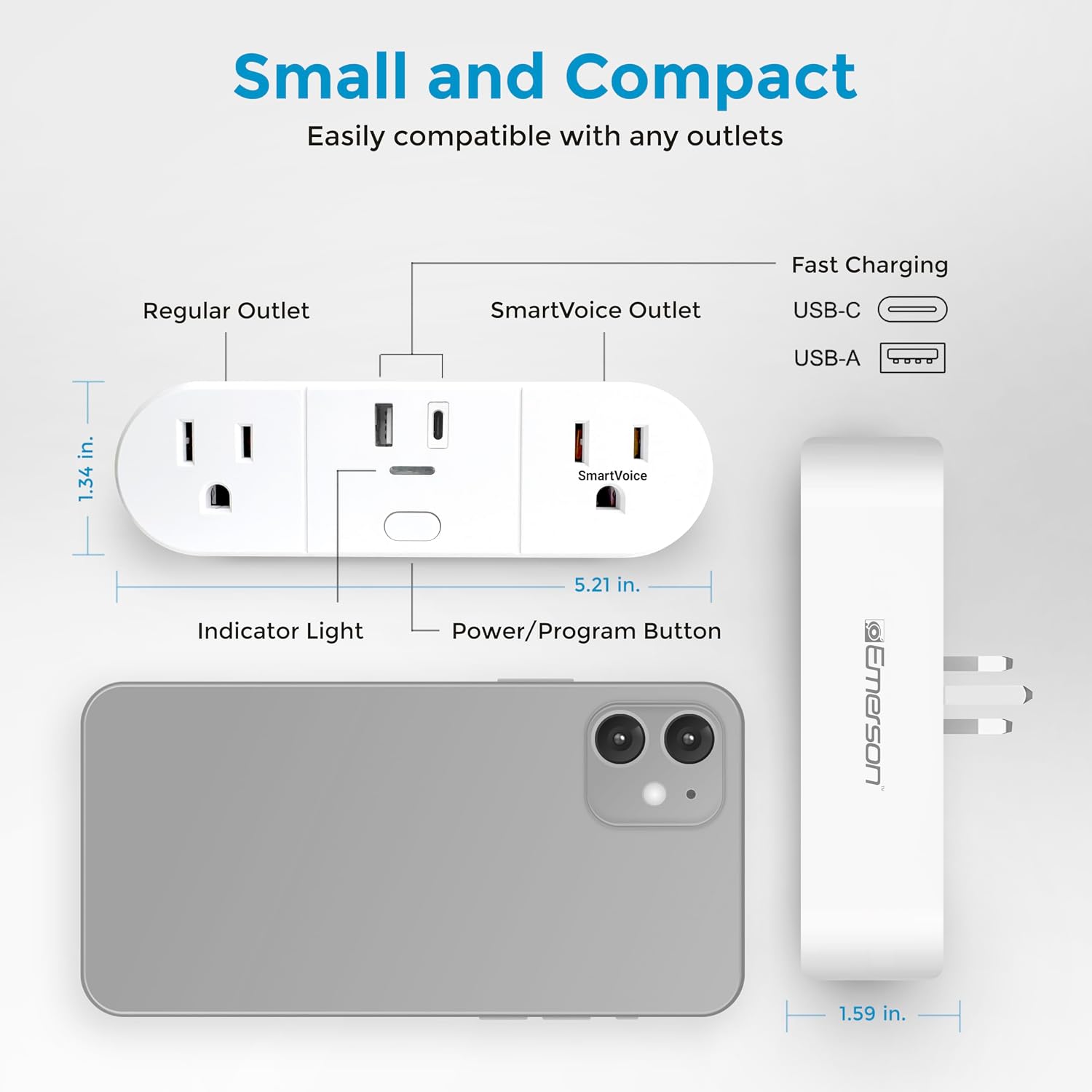 Emerson SmartVoice 4-in-1 Wall Plug, Voice Control Smart Outlet w/ 2 AC (1 Voice + 1 Always-On), USB-A & USB-C Ports, No WiFi, No App, Sleep & Wake Timer, ETL Listed - Image 5
