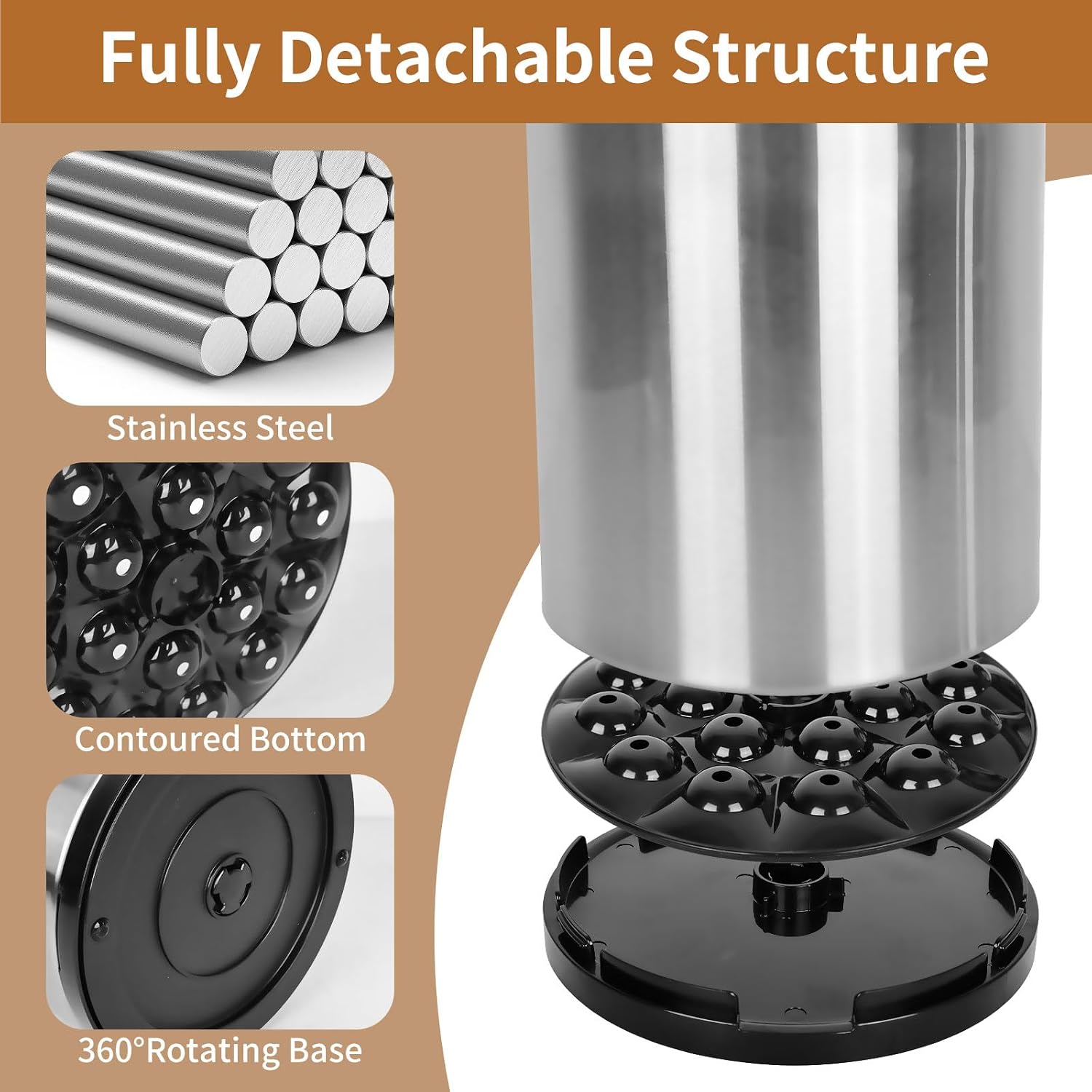 Nigelia Extra Large Kitchen Utensil Holder, 360° Rotating Stainless Steel Cooking Utensil Holder for Countertop, 3 Compartment Flatware Organizer & Cooking Caddy with Removable Base(Silvery) - Image 6