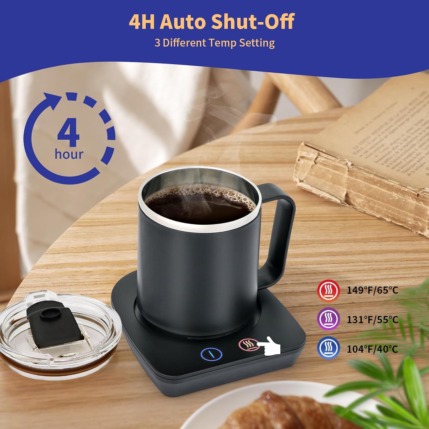 VOBAGA Coffee Mug Warmer with 15oz Mug Set, Electric Coffee Cup Warmer with Three Temp Settings for Home Office Desk, Coffee Warmer with Auto Shut Off for Cocoa Candles Coffee Gift(Black Set) - Image 3