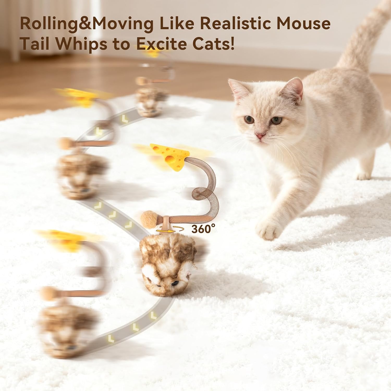 Migipaws Interactive MigiMouse Cat Toy 360° Rolling & Spin with Mesh Plastic Tail for Indoor Cats Smart Motion Sensor, Realistic Squeak, Rechargeable Plush Kitten Toy(Brown Long) - Image 2