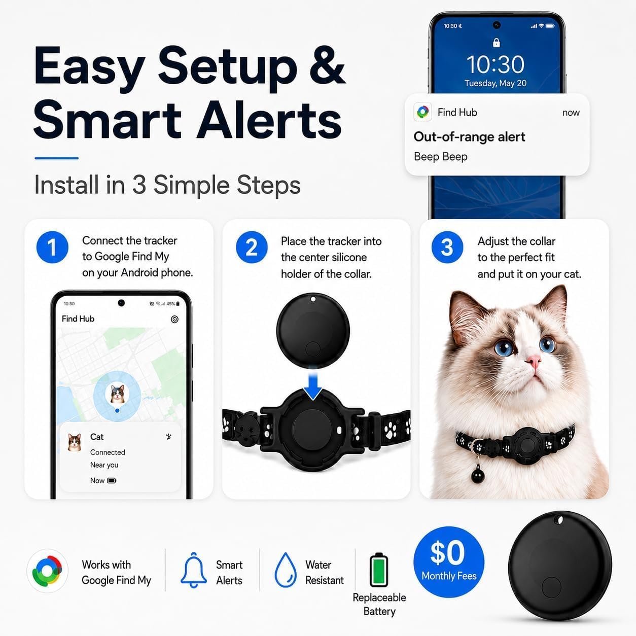 Smart Cat GPS Collar - Waterproof Pet Tracker for Android, Google Find My Compatible, No Monthly Fee. Advanced Safety Solution for Small & Large Cats.(Android Only) - Image 4