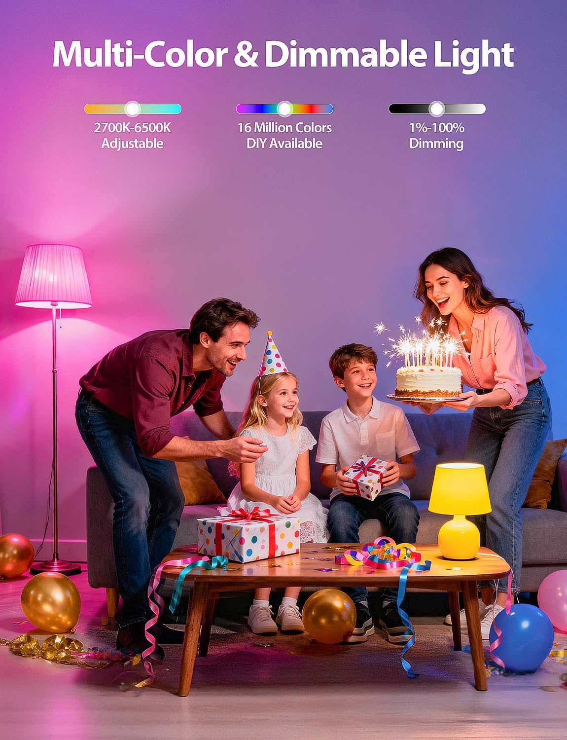 Smart Light Bulbs, Color Changing Light Bulb, Work with Alexa & Google Assistant, RGBWW A19 LED Light Bulbs Dimmable, 2.4GHz WiFi Bluetooth Light Bulb 60W Equivalent, Music Sync, 800LM, 4 Packs - Image 3