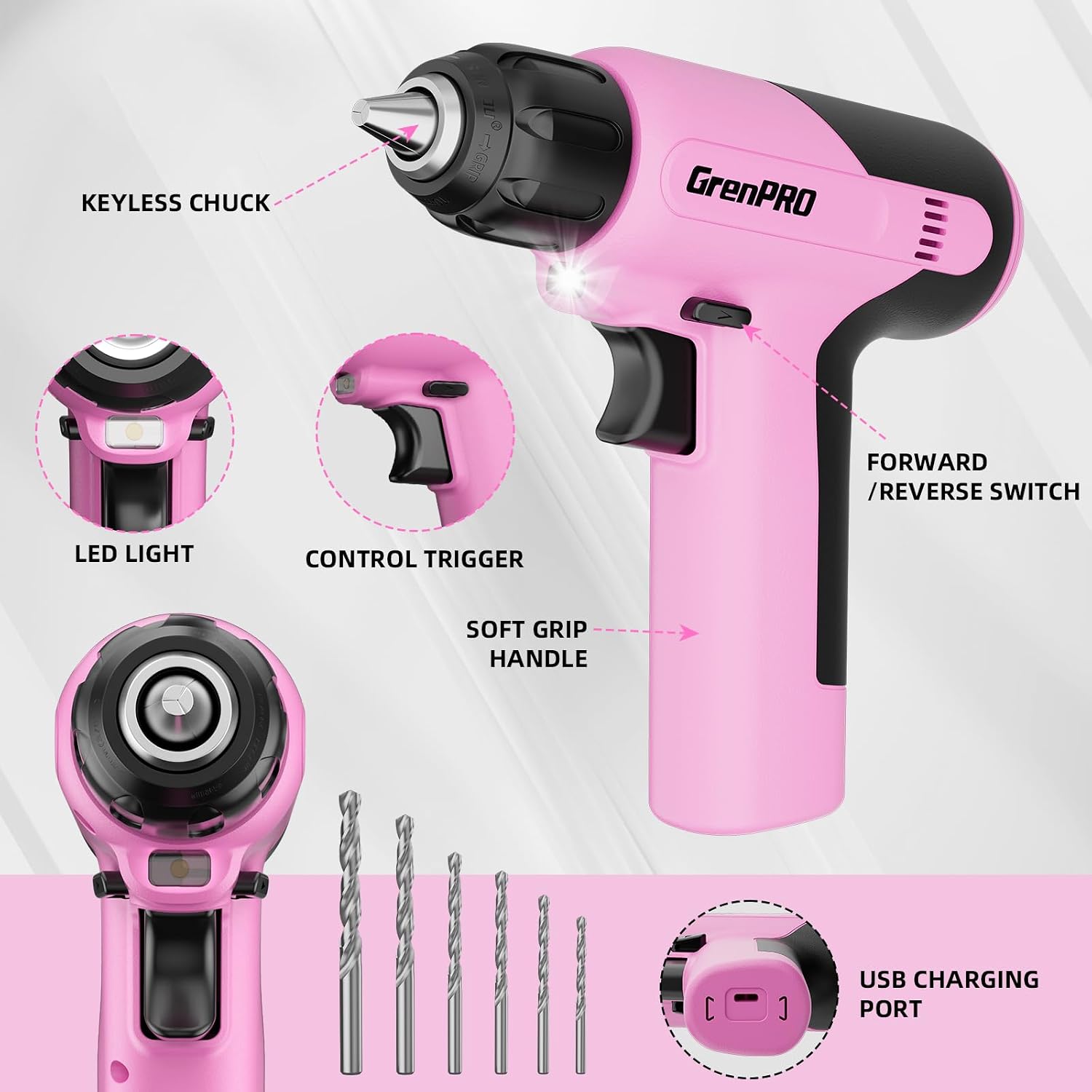 GRENPRO 188PCS Pink Cordless Drill Tool Set For Women Tool Kit For Home Box - Image 6