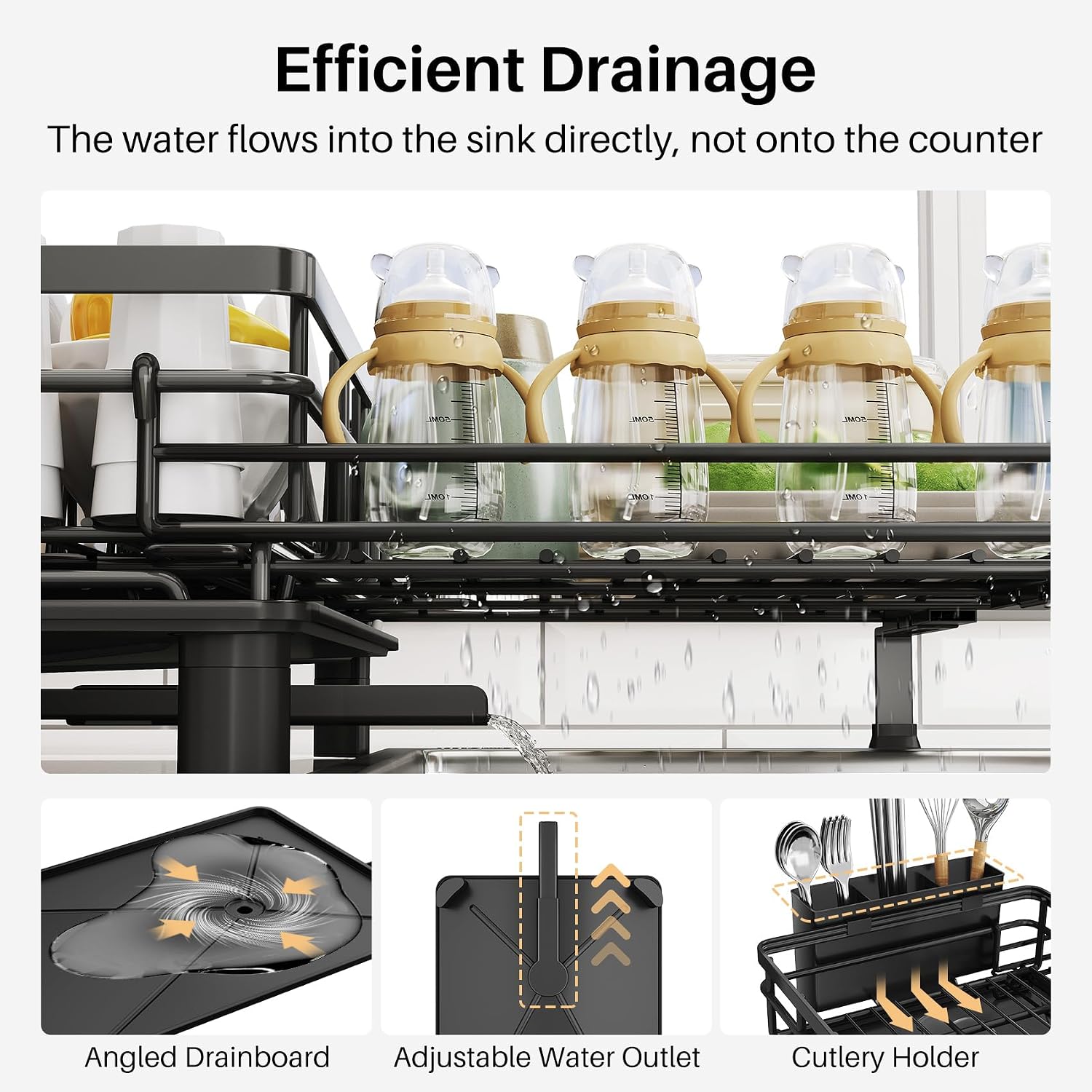 Expandable Dish Drying Rack for Kitchen Counter, Stainless Steel, Black - Image 5