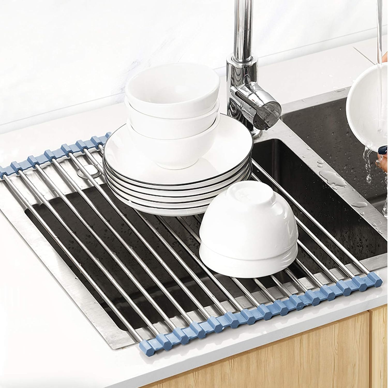 MECHEER Over The Sink Dish Drying Rack, Roll Up Dish Drying Rack Kitchen Dish Rack Stainless Steel Sink Drying Rack, Foldable Dish Drainer, 17.5''x11.8'' - Image 2