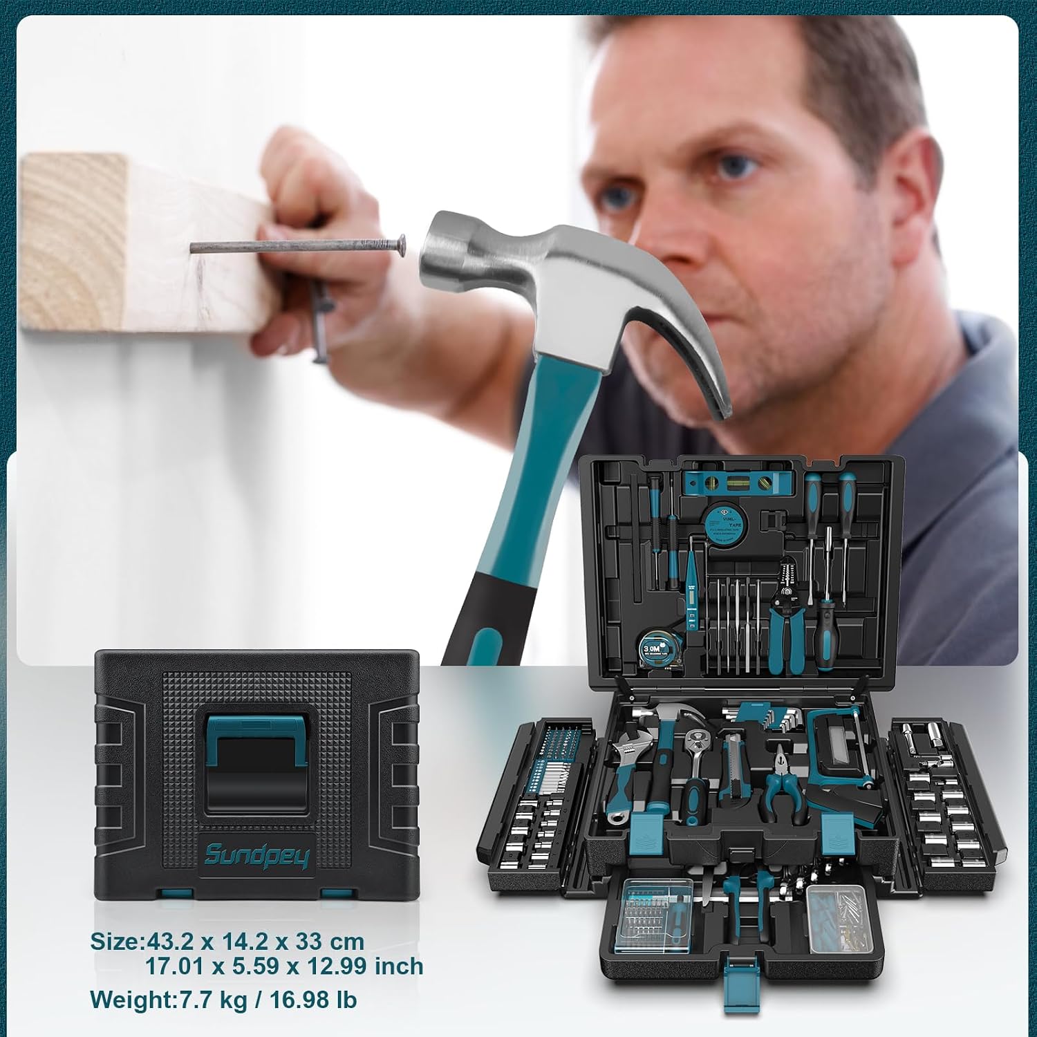 Sundpey 379 Pcs Portable Complete Home and Auto Tool Kit with Drawer Blue - Image 3