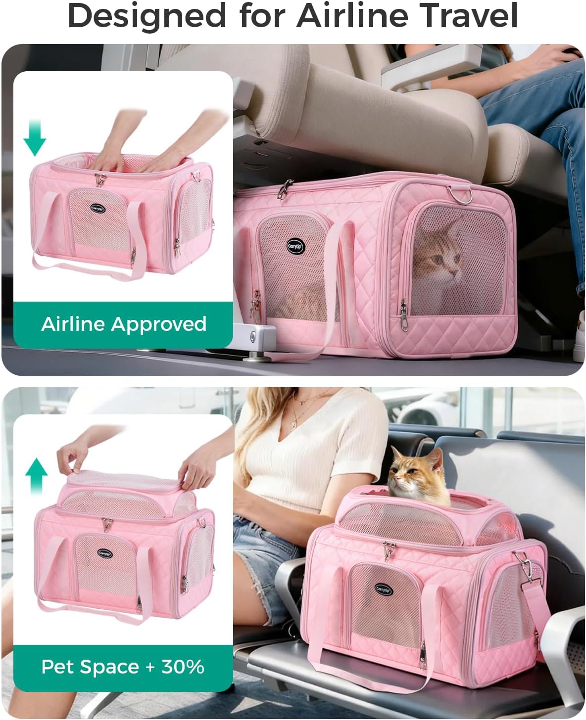 Airline Approved Cat Carrier with Expandable Top, 17x11x9.5 in, Pink - Image 3