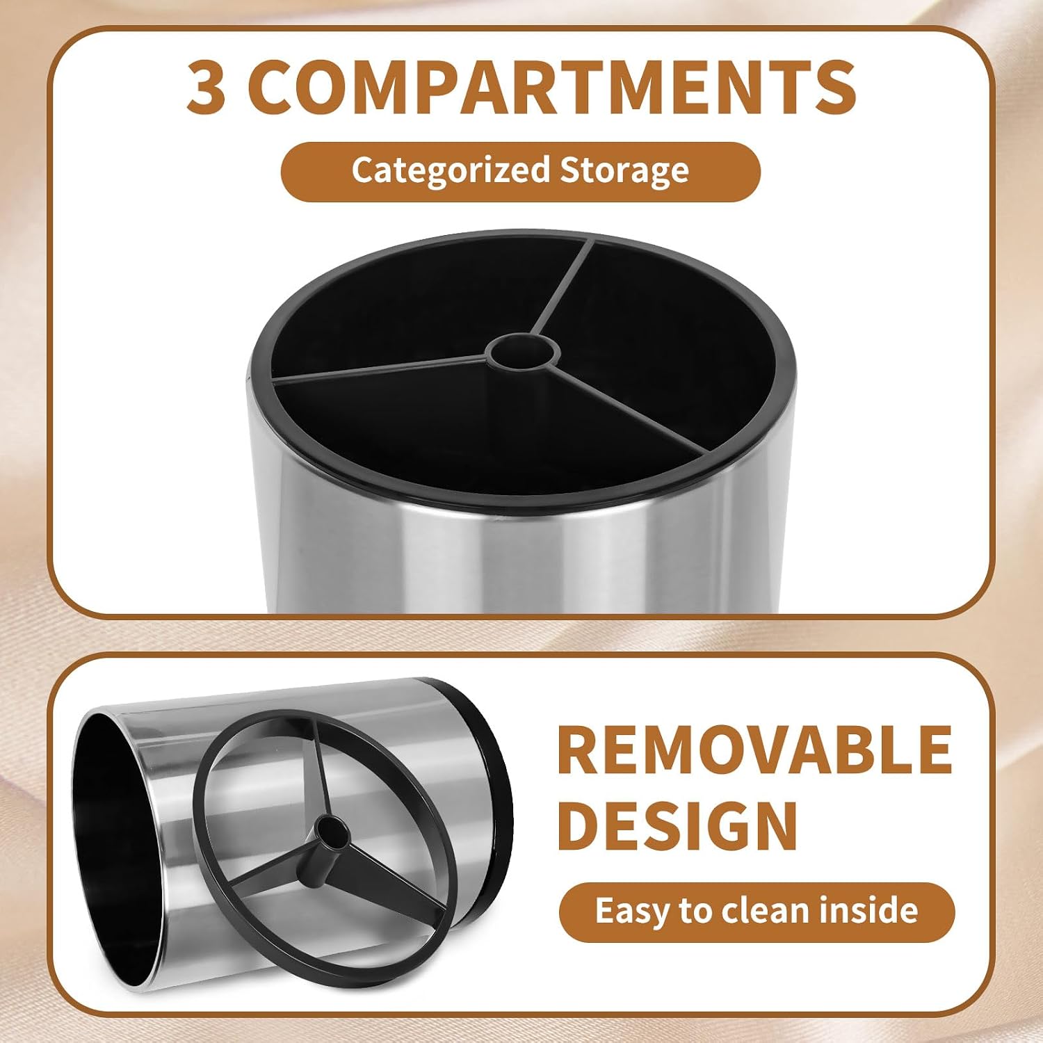 Nigelia Extra Large Kitchen Utensil Holder, 360° Rotating Stainless Steel Cooking Utensil Holder for Countertop, 3 Compartment Flatware Organizer & Cooking Caddy with Removable Base(Silvery) - Image 4