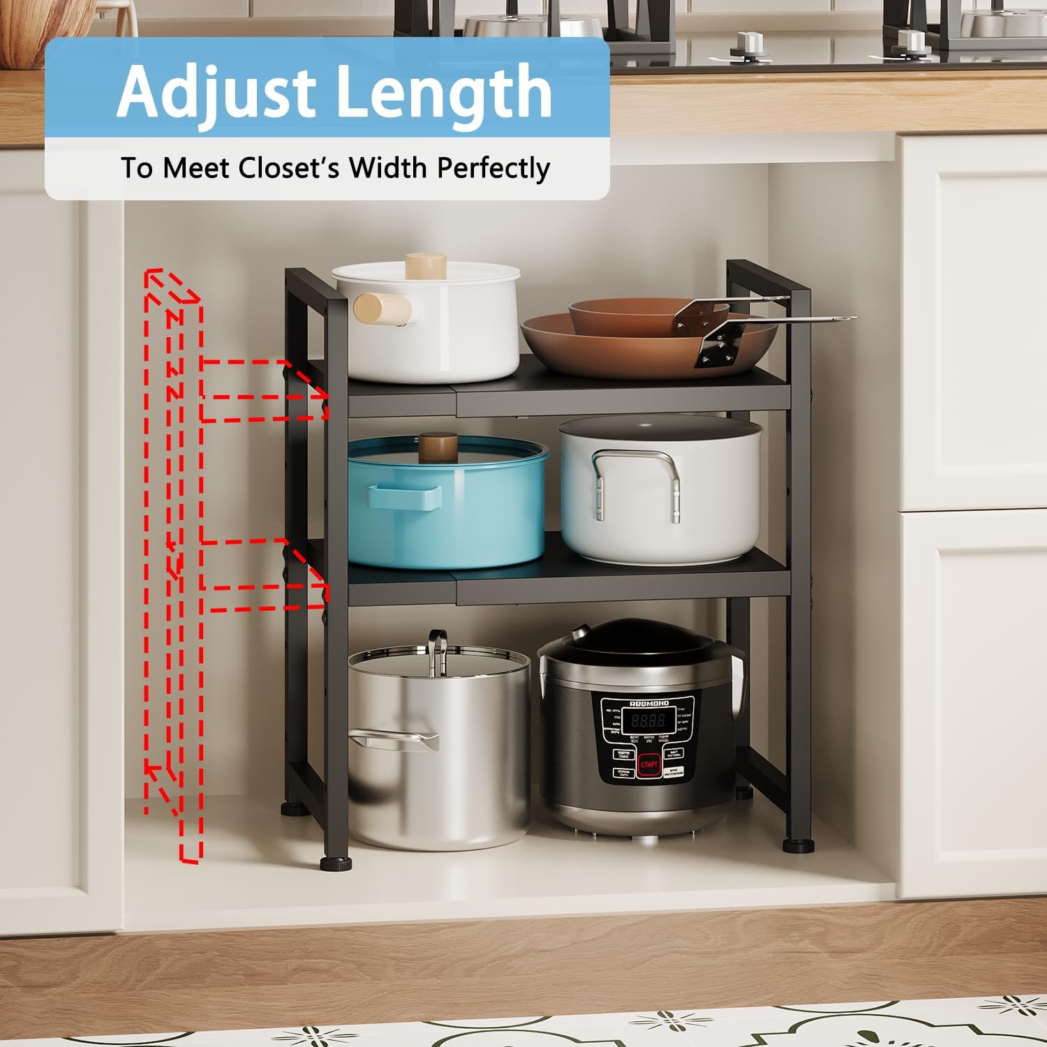 2-Tier Expandable Metal Storage Shelves,150LBS Heavy Duty Shelving Units and Storage For Small Appliance,Adjustable Pots and Pans Organizer Rack Shelf For Kitchen Under Cabinet Pantry Warehouse Garage - Image 5