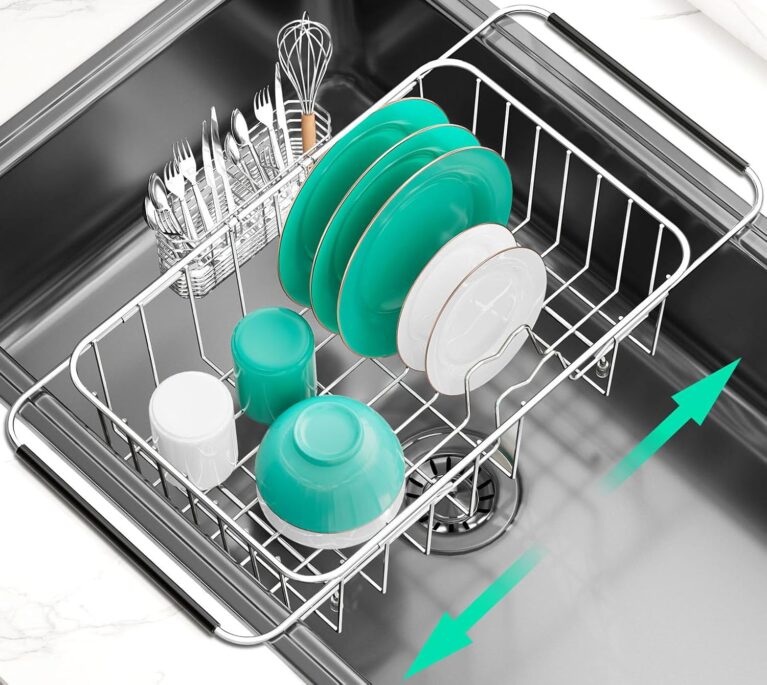 Dish Drainer Rack in Sink Adjustable, Expandable 304 Stainless Steel Metal Dish Drying Rack Organizer with Stainless Steel Utensil Holder Over Inside Sink Counter, Rustproof