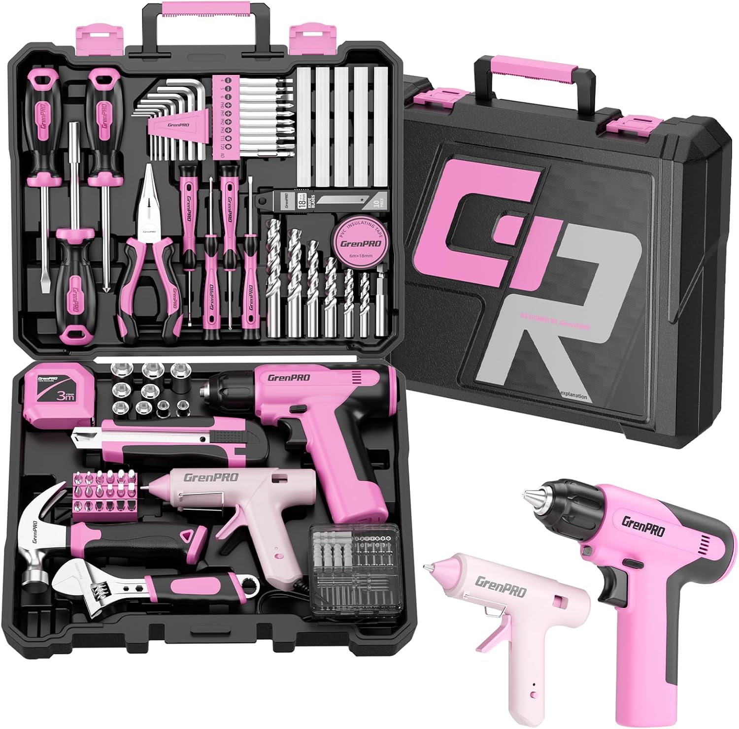 GRENPRO 188PCS Pink Cordless Drill Tool Set For Women Tool Kit For Home Box
