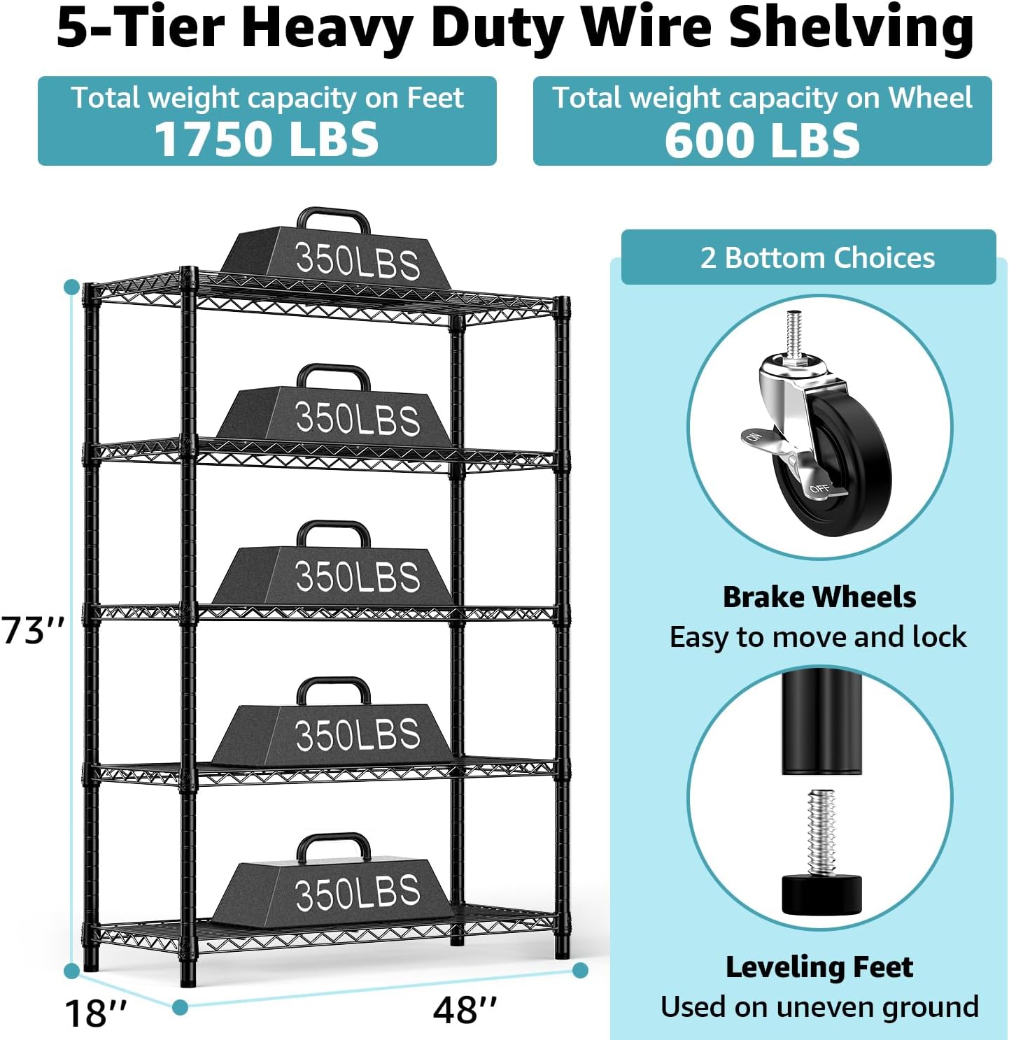 M MZG 5-Shelf Storage Shelves,Wire Shelving Heavy Duty Metal Storage Shelving Unit Adjustable Garage Shelving Rack Pantry Kitchen (Black, 5 Tier,17.7" D x 47.2" W x 76.7" H) - Image 3