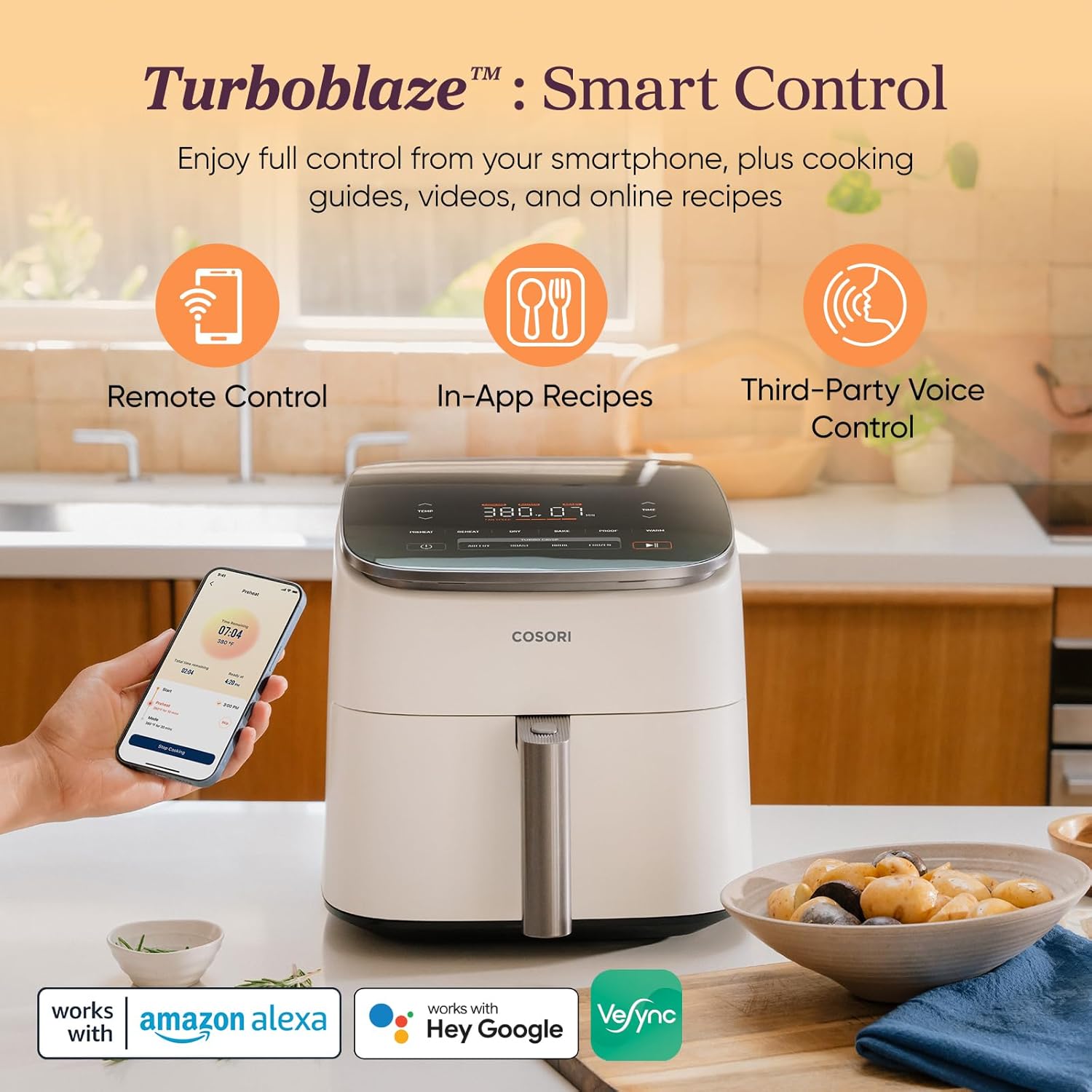 Cosori TurboBlaze Smart Air Fryer 6 Qt, Shake Reminders, 9-in-1, Cream - Image 3