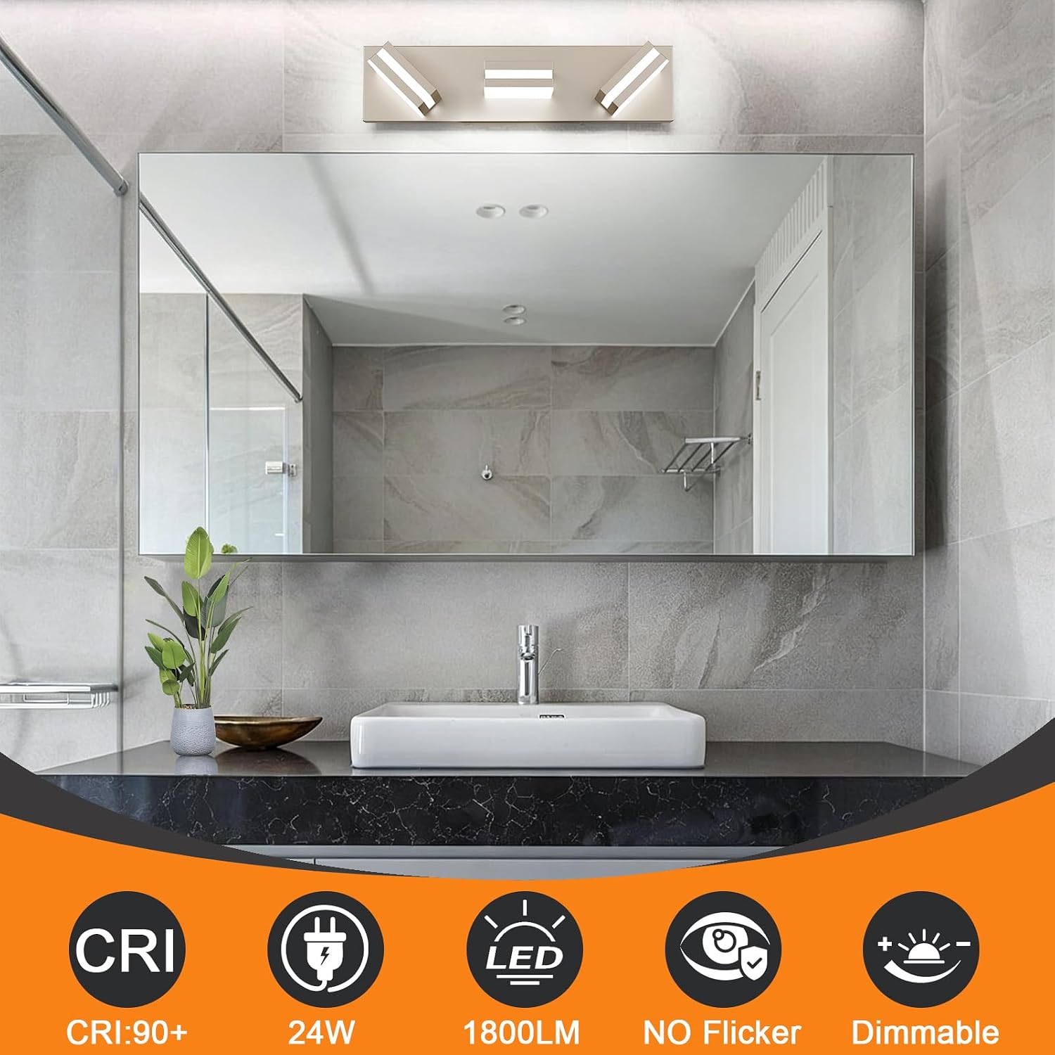 Bathroom Lights Fixtures Over Mirror, 360°Rotate Modern LED Vanity Lights for Bathroom, 24W Dimmable & High CRI Acrylic Wall Lighting, No Assembly Required (Brushed Nickel, 3-Light, 16 Inch) - Image 3