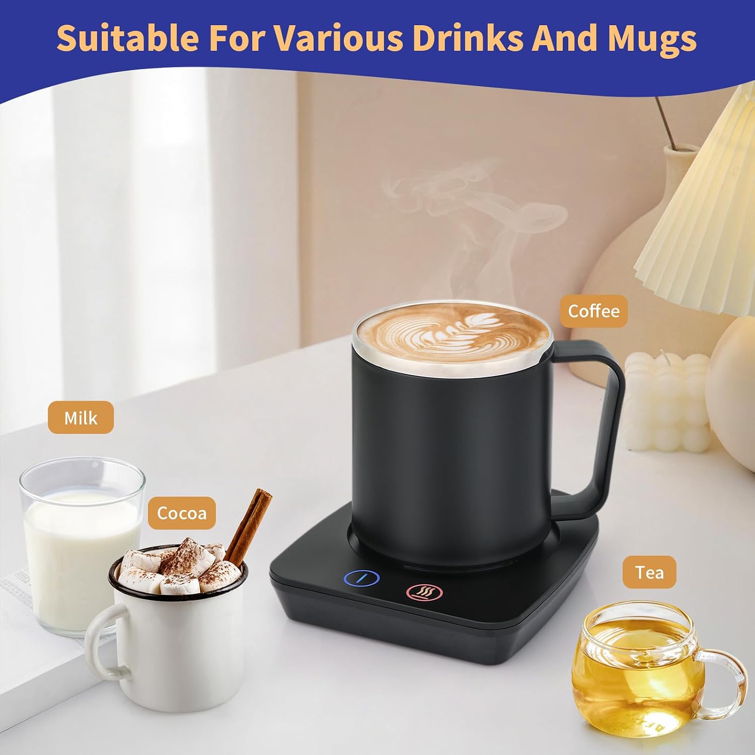 VOBAGA Coffee Mug Warmer with 15oz Mug Set, Electric Coffee Cup Warmer with Three Temp Settings for Home Office Desk, Coffee Warmer with Auto Shut Off for Cocoa Candles Coffee Gift(Black Set) - Image 5