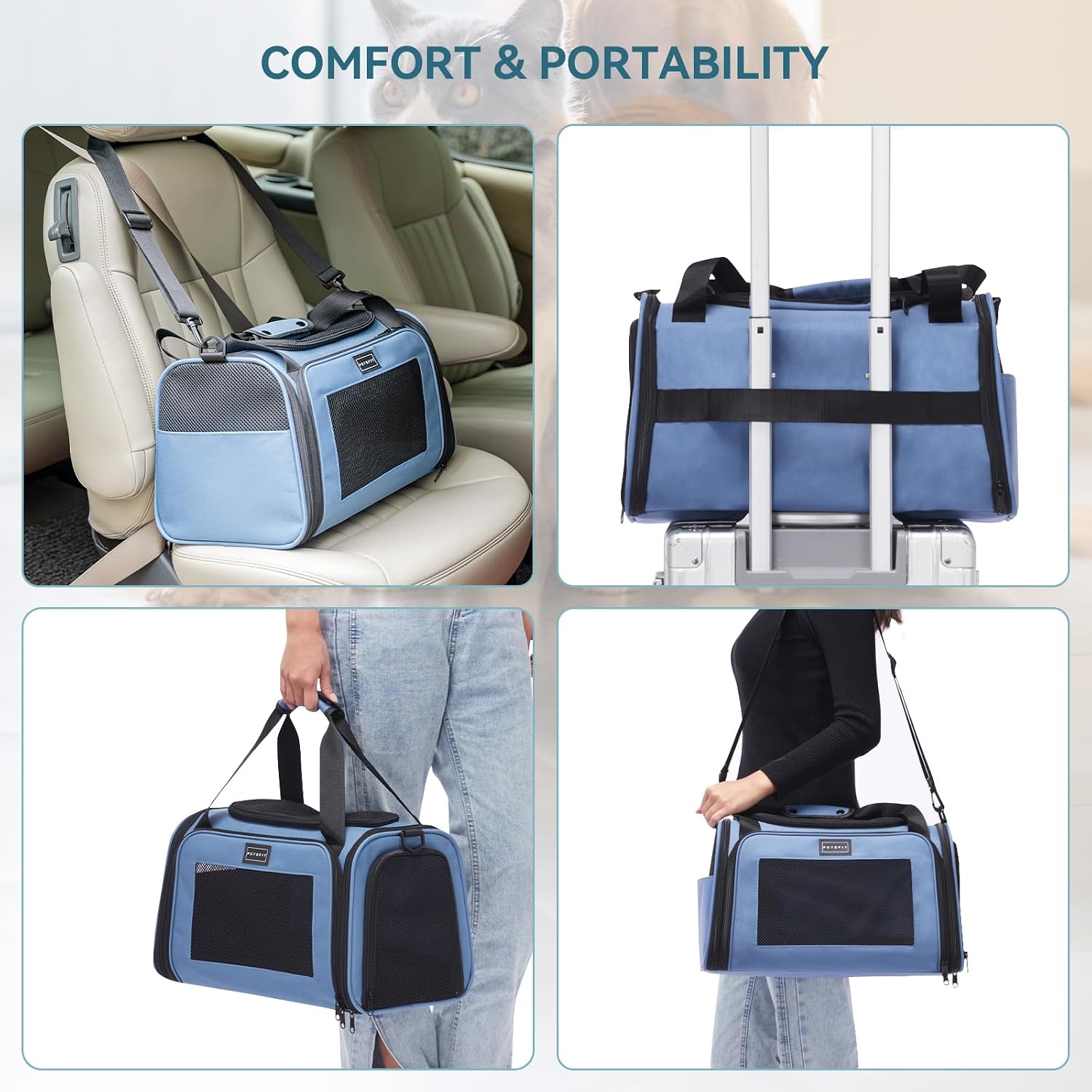 PETSFIT Pet Carrier, Blue, Small and Medium Cats, Puppies Up to 12 Lbs - Image 4
